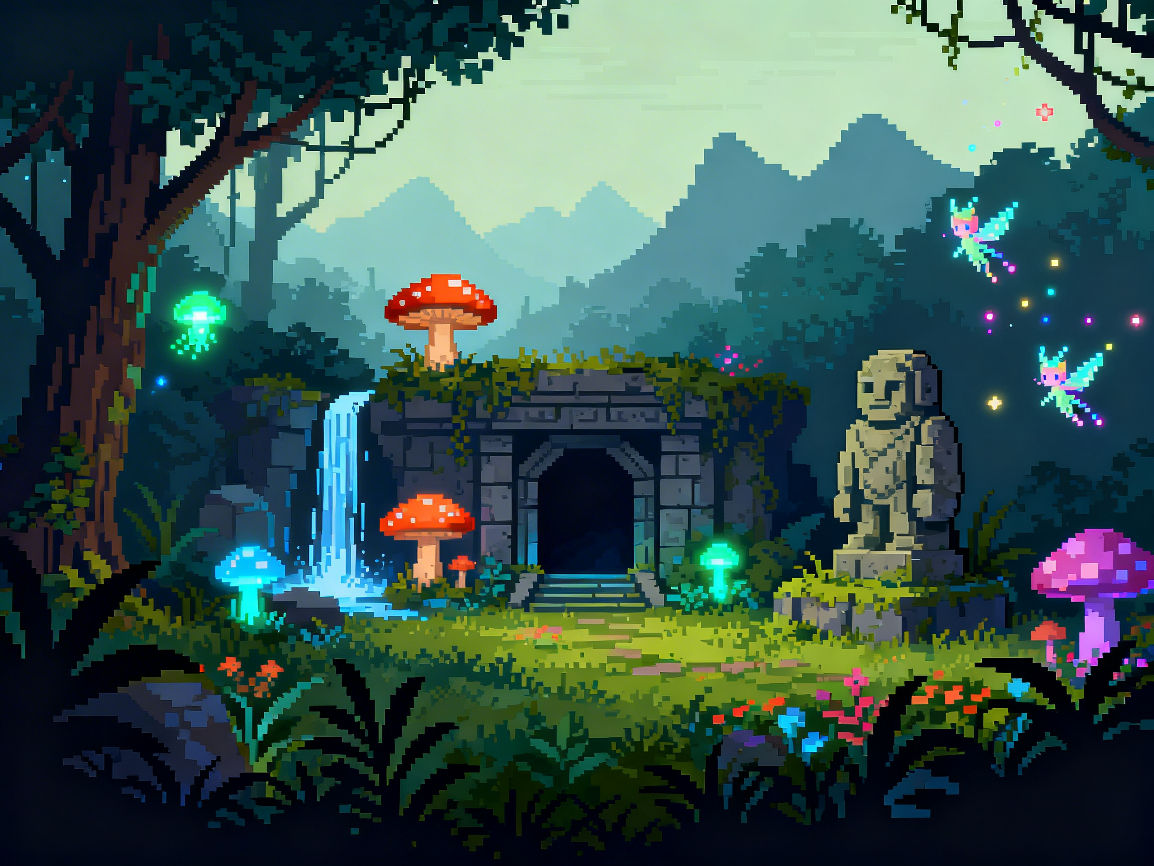 画面中展现了一个充满奇幻色彩的像素艺术风格森林。场景中心是一座由灰色石块砌成的古老遗迹入口，门洞漆黑深邃，左侧有一道细长的蓝色瀑布垂下。遗迹周围生长着巨大的发光蘑菇，颜色涵盖了鲜红、亮蓝和粉紫，散发出柔和的微光。右侧立着一座憨态可掬的石质人像雕塑，上方有两只带翅膀的小精灵在飞舞，拖着彩色的光点尾迹。背景是层叠的远山和茂密的树丛，整体色调以深绿和幽蓝为主，营造出一种神秘而宁静的氛围。

作为 AI 生成的图像，画面存在一些逻辑和结构上的瑕疵：左侧树干的纹理与垂下的藤蔓连接生硬，缺乏自然的生长逻辑；瀑布下方的水流汇集处处理模糊，没有表现出合理的水潭或流向；石像右侧的粉色大蘑菇与地面植被的遮挡关系显得有些漂浮，缺乏厚度感。此外，部分像素点的分布在精细度上不统一，导致某些色块边缘显得略为杂乱。