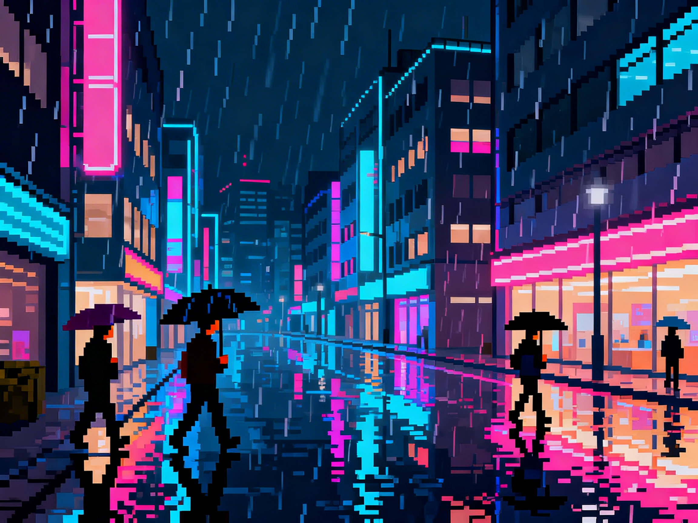 图中展现了一个充满赛博朋克风格的雨夜都市街景，采用了复古的像素艺术风格。画面以深蓝色为基调，街道两旁林立着高耸的建筑，外墙装饰着明亮的粉色、青蓝色和橙色霓虹灯招牌。雨丝由细长的垂直像素点构成，密密麻麻地覆盖在天空中。地面被打湿，清晰地倒映着建筑物的灯光和行人的身影，形成绚丽的色彩对比。画面中有四位撑着雨伞的行人，他们以黑色剪影的形式呈现，正行走在湿滑的街道上。构图采用了中心透视法，街道向远方延伸，营造出一种深邃的城市空间感。在 AI 生成的细节方面，存在一些明显的逻辑缺陷：部分雨伞的边缘与人物头部的像素衔接模糊，缺乏明确的支撑结构；街道远处的透视线条略显杂乱，部分建筑物的窗户排列不齐，且路面上的倒影与上方实物的轮廓并不完全对应，呈现出一种超现实的破碎感。