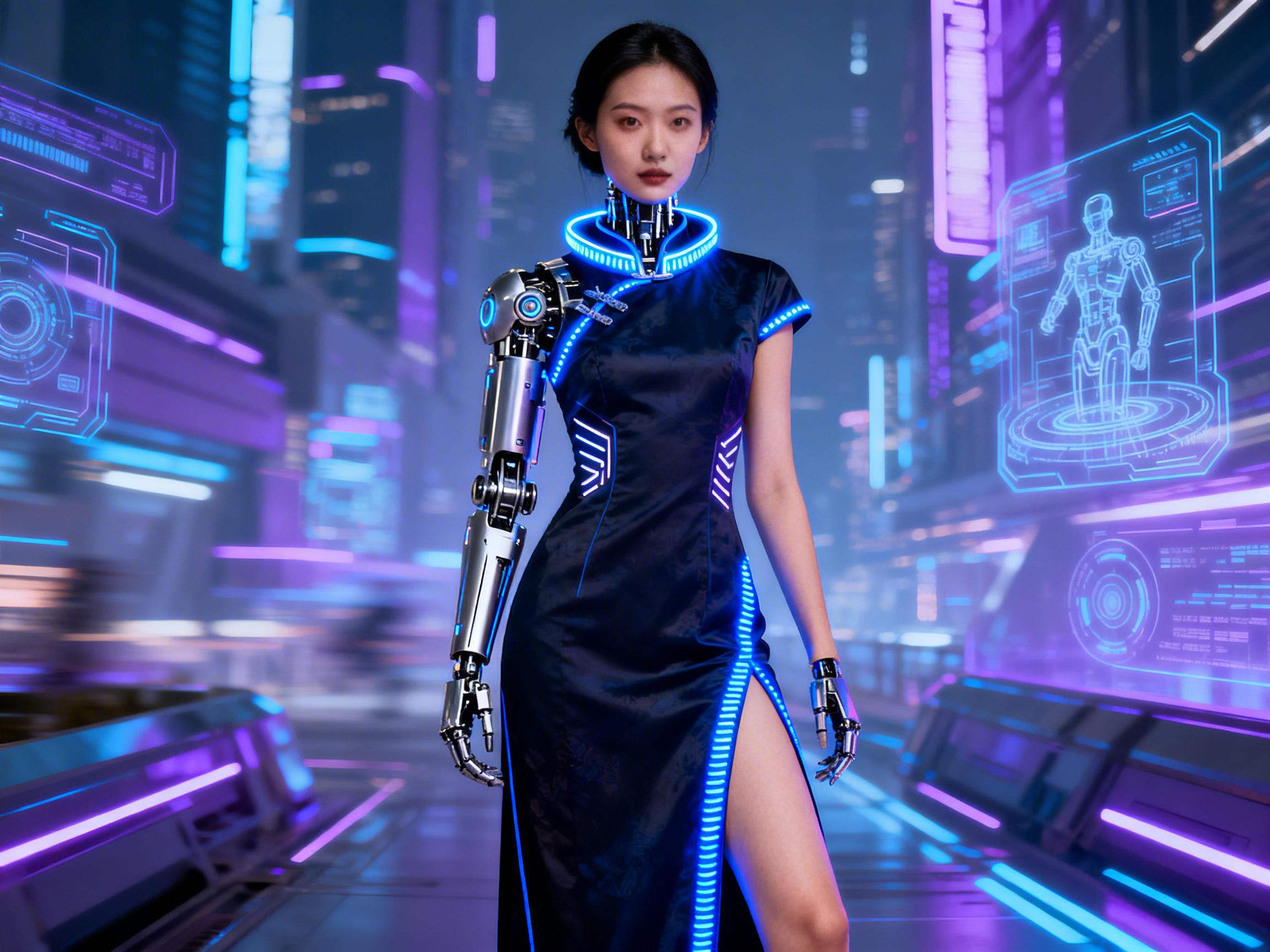 图中展现了一位融合了赛博朋克风格与中国传统元素的女性仿生人，她正站在充满未来感的都市街道中央。女子面容清秀，身穿一件深蓝色的改良旗袍，旗袍边缘镶嵌着发光的蓝色霓虹灯条。她的右臂完全由银色金属机械结构组成，颈部也显露出精密的机械零件。背景是虚化的霓虹城市，充斥着紫色和蓝色的光影，两侧悬浮着半透明的科技全息投影屏幕。

在 AI 生成细节方面，画面存在明显的逻辑缺陷：女子的左手虽然也是机械构造，但其连接方式非常突兀，缺少自然的手臂过渡，且手指的关节数量和比例显得有些失真；右侧全息投影中的人体模型线条杂乱，缺乏明确的解剖学逻辑。此外，旗袍上的发光条在腰部位置的透视略显生硬，与身体曲线的贴合不够自然。