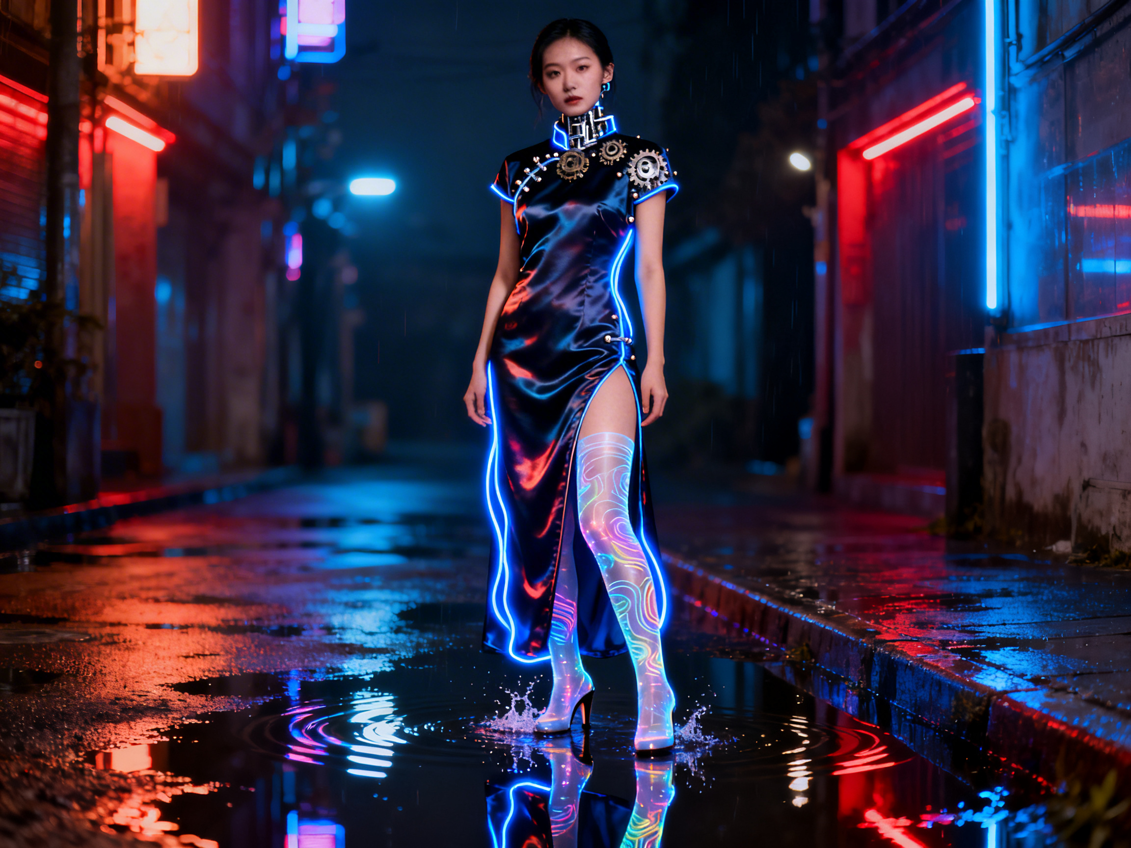 图中展现了一位年轻女性站在充满赛博朋克风格的雨夜小巷中心。她身着一件深蓝色绸缎质感的改良旗袍，边缘镶嵌着明亮的蓝色荧光灯条，领口和肩部装饰着复杂的金属齿轮。她的一条腿穿着带有彩色发光纹理的长筒袜，脚踩白色高跟鞋，正站在地面的积水中，脚下激起一圈圈泛着霓虹光泽的涟漪。背景是幽暗的街道，两侧闪烁着红色和蓝色的霓虹灯，地面湿滑并倒映着绚丽的光影。画面构图对称，色彩对比强烈，营造出一种科幻与传统结合的氛围。在 AI 生成细节方面，存在明显的逻辑缺陷：人物的右脚（画面左侧）在水中的倒影位置偏移，且该脚的高跟鞋跟部与水面接触处显得模糊、不自然；此外，旗袍上的蓝色灯条在腰部位置出现了断裂和不规则的扭曲，与身体线条未能完美贴合。
