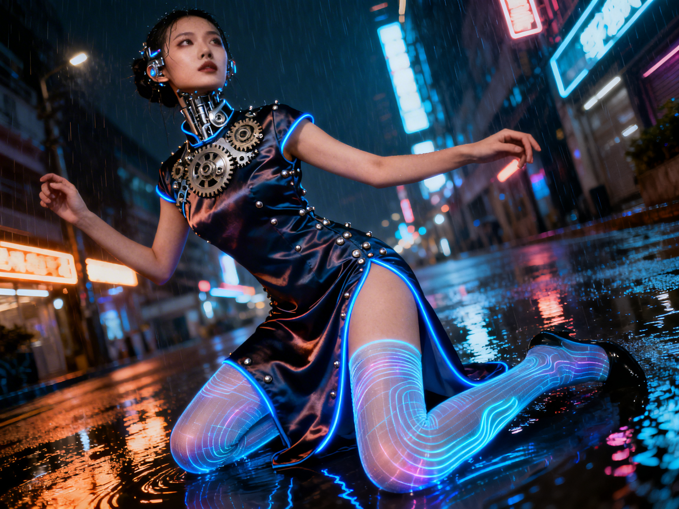 图中展示了一位具有赛博朋克风格的仿生女性，她正跪坐在雨夜中积水的城市街道上。这位女性身穿一件深色绸面旗袍，领口点缀着复杂的金属齿轮，边缘散发着明亮的蓝色荧光，双腿穿着带有发光电子纹路的白色丝袜。背景是充满霓虹灯光的都市夜景，地面倒映着绚丽的蓝、橙、粉色灯影。画面构图采用倾斜视角，营造出一种动感与科幻交织的氛围。

在 AI 生成的细节方面，存在明显的逻辑和结构缺陷：首先，人物的颈部完全由机械零件构成，但与头部和身体的连接处显得生硬且缺乏合理的解剖结构；其次，人物的右手（画面左侧）手指长度比例失调，显得有些扭曲；最明显的错误在于腿部结构，右腿的小腿部分在膝盖处发生了不自然的扭曲，且左脚与腿部的连接位置完全断开，脚踝处呈现出物理上不可能的悬浮或错位状态，背景中的霓虹灯牌文字也模糊不清，无法辨认。