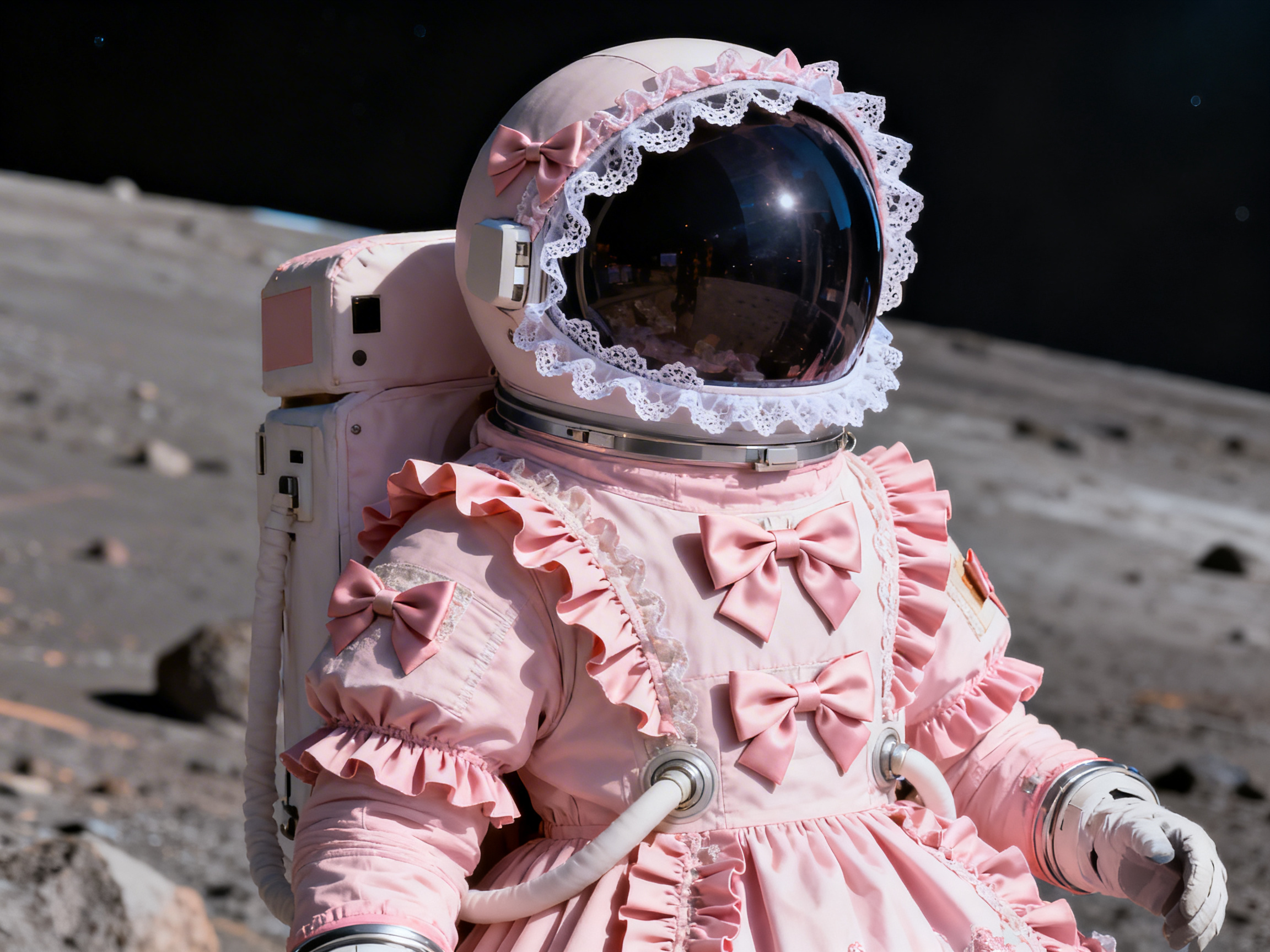 图中展示了一名身着奇特宇航服的人物，正站在荒凉的月球表面。这套宇航服融合了极具反差感的「洛丽塔」风格，整体呈现柔和的淡粉色。头盔边缘装饰着一圈精致的白色蕾丝花边，侧面别着粉色蝴蝶结；宇航服的主体则布满了层层叠叠的荷叶边和多个绸缎质感的蝴蝶结，看起来像是一件厚重的粉色公主裙。背景是灰暗、布满碎石的月球地表，上方是深邃漆黑的太空。

作为一张 AI 生成的图片，画面存在明显的逻辑与细节缺陷：首先，宇航服胸前的两根白色生命维持导管直接穿过了裙子的布料，缺乏合理的物理连接结构；其次，右侧手套的指缝处结构模糊，呈现出不自然的粘连感；此外，头盔面罩的反射影像杂乱，与周围荒凉的月球环境不符，且面罩边缘的蕾丝在真空环境下呈现出异常平整的悬浮状态，违背了基本的物理常识。