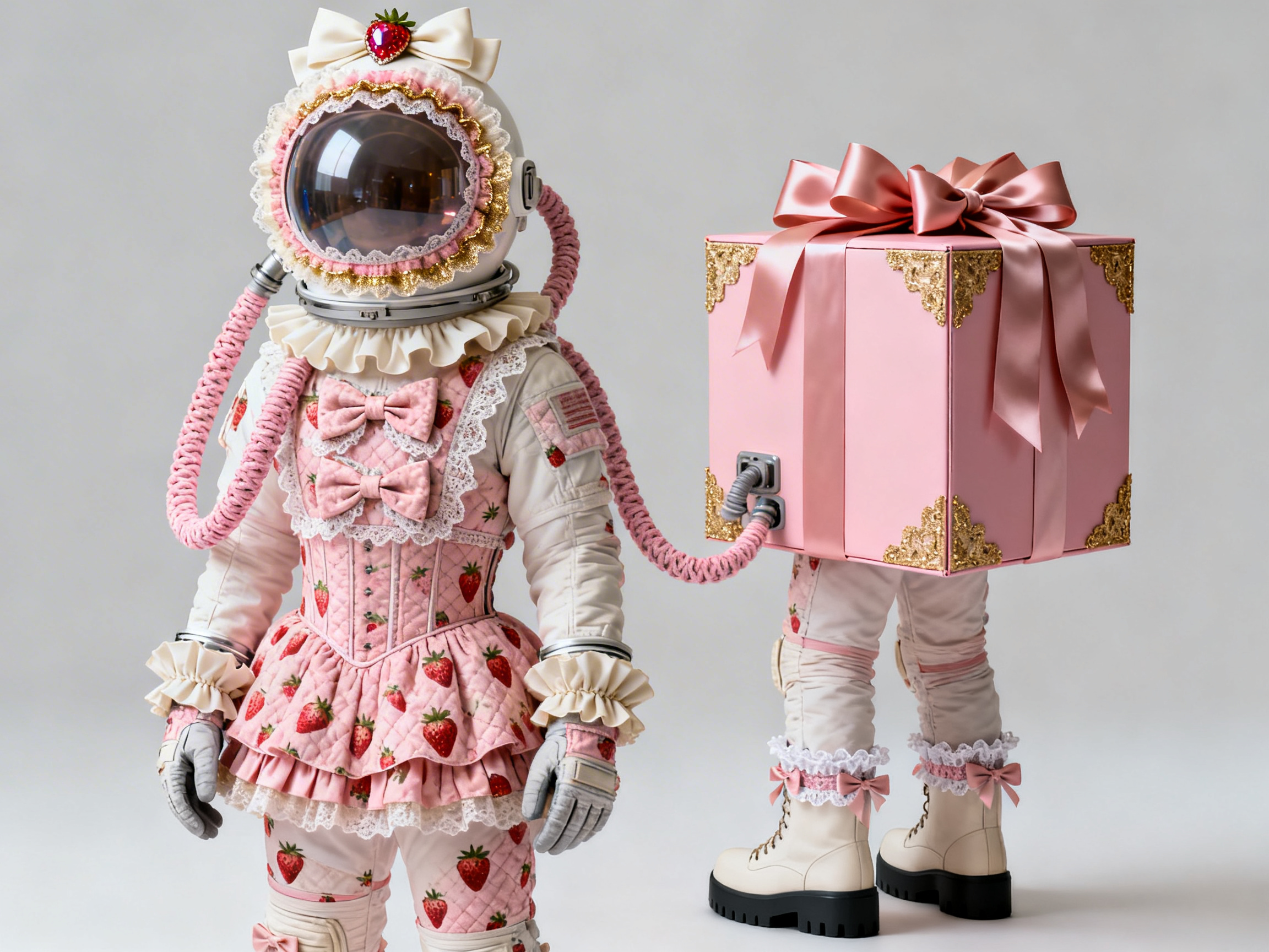 图中展示了一个充满超现实主义风格的场景，背景为纯净的浅灰色。画面左侧站立着一位穿着奇特的宇航员，其宇航服融合了大量洛丽塔风格元素：白色头盔边缘饰有粉色蕾丝和金色花边，顶部戴着巨大的蝴蝶结并镶嵌着草莓宝石；宇航服主体覆盖着粉色草莓印花的蓬蓬裙和蕾丝边。右侧则是一个巨大的粉色礼盒，礼盒下方竟然长出了一双穿着白色厚底靴和蕾丝袜套的腿，看起来像是一个半人半盒的生物。一条粉色的编织软管将宇航员的头盔与这个礼盒生物连接在一起。画面色调清新，以粉、白、金为主。明显的 AI 生成缺陷在于：右侧礼盒生物的腿部连接处非常生硬，完全没有身体支撑，且左侧宇航员的手套指缝处细节模糊，呈现出不自然的堆叠感。