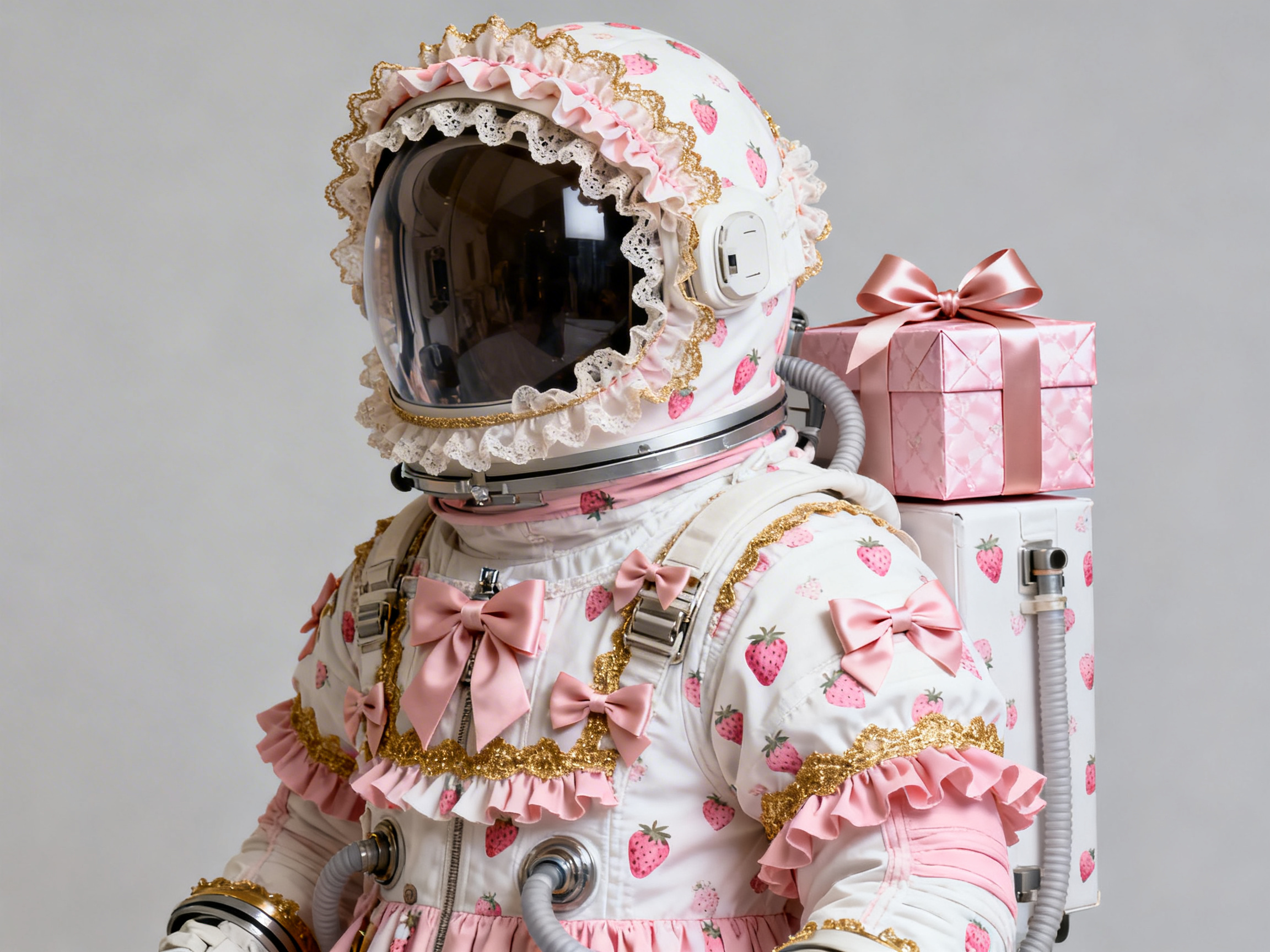 图中展示了一名身着极具装饰性的“洛丽塔”风格宇航服的角色，背景为纯净的浅灰色。这套宇航服以白色为底色，上面布满了粉红色的草莓图案，并点缀着大量的粉色蝴蝶结、蕾丝花边和金色波浪织带。宇航员的头盔面罩周围围了一圈厚实的粉色与白色蕾丝褶边，背后的生命维持背包上还放置了一个精致的粉色缎带礼盒。整体色调柔和，充满了梦幻与超现实的甜美感。

在 AI 生成的细节方面，画面存在一些逻辑和透视上的缺陷：首先，头盔左侧的蕾丝边缘与金属面罩的衔接处显得有些模糊，缺乏真实的物理结构支撑；其次，宇航服胸前的金属扣件与粉色蝴蝶结的穿插关系略显生硬，部分金属零件的形状不规则。最明显的异常在于背后的礼盒，它似乎悬浮或以一种不稳定的角度粘在背包上，缺乏合理的固定装置，且背包右侧延伸出的灰色软管在连接处显得有些断裂感。