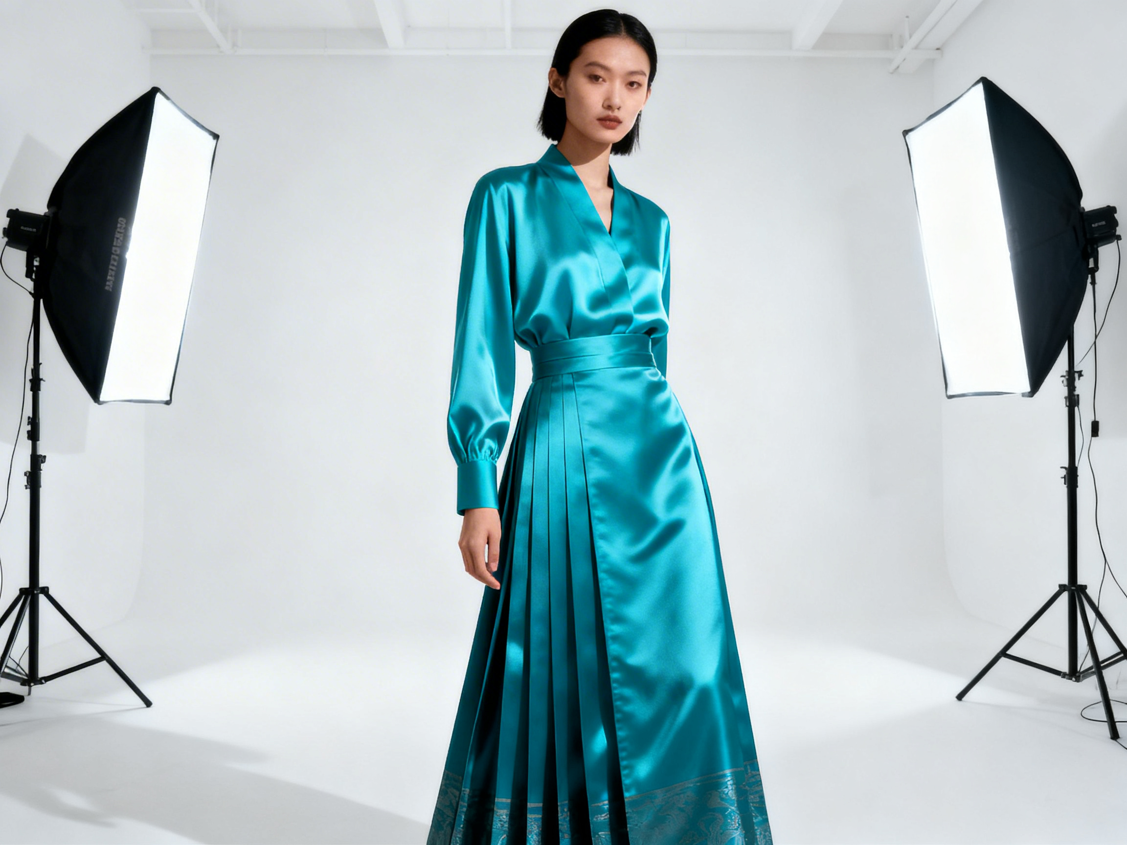 图中展示了一位留着黑色齐肩短发的亚洲女性模特，她正站在一个纯白色的摄影棚中心。她穿着一套亮丽的孔雀蓝缎面长裙，上衣为交领设计，腰间束有同色腰带，下摆则是带有精致暗纹的百褶长裙，材质在灯光下呈现出丝滑的光泽感。画面两侧各放置了一个巨大的专业柔光箱灯具，为人物提供了充足的照明。构图上，模特位于正中央，背景简洁干净，营造出一种时尚大片的氛围。

然而，画面中存在明显的 AI 生成缺陷：最显著的是模特垂下的右手，手指线条模糊且融合在一起，缺乏清晰的指关节结构，显得非常不自然。此外，背景左侧的柔光箱支架结构略显扭曲，与地面的衔接处透视感稍有偏差。模特的面部表情略显僵硬，双眼的神态也略欠生动，这些都是典型的 AI 生成痕迹。