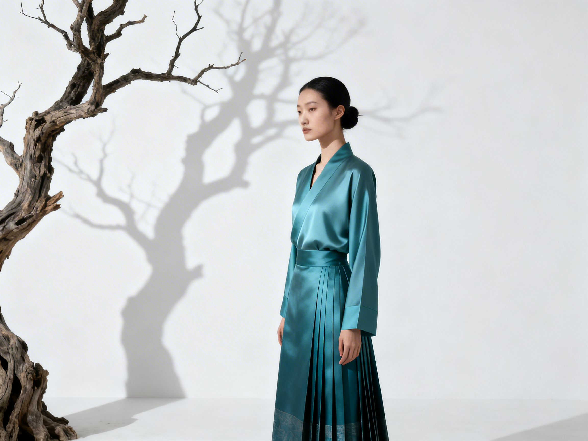 图中展示了一位面容清秀的亚洲女性，她侧身站立在纯白色的简约背景中。她留着整齐的黑色发髻，身穿一套具有中式韵味的湖蓝色绸缎长裙，面料泛着柔和的光泽，上半身是交领设计，下半身则是挺括的百褶裙摆。画面左侧有一棵苍劲的枯木，其扭曲的枝干在白色墙面上投射下巨大的深灰色阴影，营造出一种清冷、禅意的艺术氛围。构图简洁，色彩以蓝、白、灰为主，视觉效果干净利落。在 AI 生成的细节方面，存在明显的逻辑缺陷：画面左侧枯木的实物形态与墙上的投影完全无法对应，投影中出现了实物并不存在的繁茂细枝；此外，女性垂下的左手手指线条模糊且比例略显僵硬，裙摆底部的暗纹在折痕处衔接不够自然。