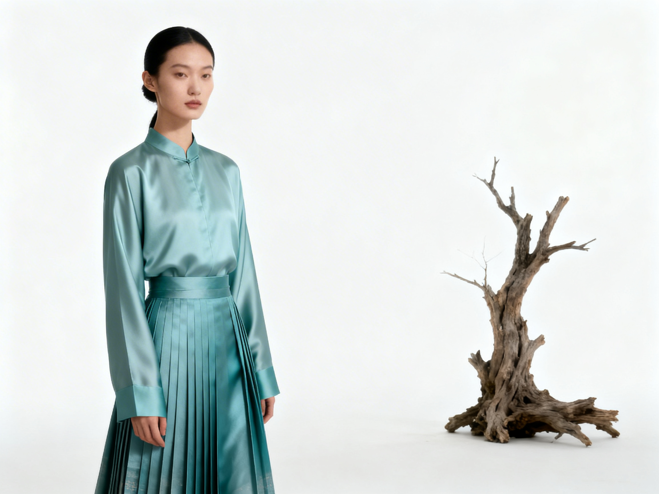图中展示了一位具有东方韵味的年轻女性，她侧身站立在纯白色的背景中。她留着整齐的黑色盘发，面容清冷，身穿一套青蓝色绸缎质感的改良旗袍上衣和同色系的百褶长裙。衣料表面泛着细腻的丝光，呈现出优雅的质感。在画面的右侧，放置着一株枯萎的古木根雕，其灰褐色的粗糙质地与女性丝滑的衣物形成鲜明对比，营造出一种极简且静谧的禅意氛围。构图上，人物位于左侧，右侧留白较多，视觉重心平衡。

在 AI 生成的细节方面，存在一些明显的逻辑缺陷：首先是人物的左手（画面左下方），手指的结构显得模糊且不自然，指尖似乎与袖口边缘融合在了一起；其次，女性颈部的线条略显生硬，与衣领的衔接处缺乏真实的阴影过渡；此外，右侧枯木的根部与地面的接触显得有些漂浮，缺乏真实的重力压痕。尽管如此，整幅画面依然保持了高度的审美统一性。