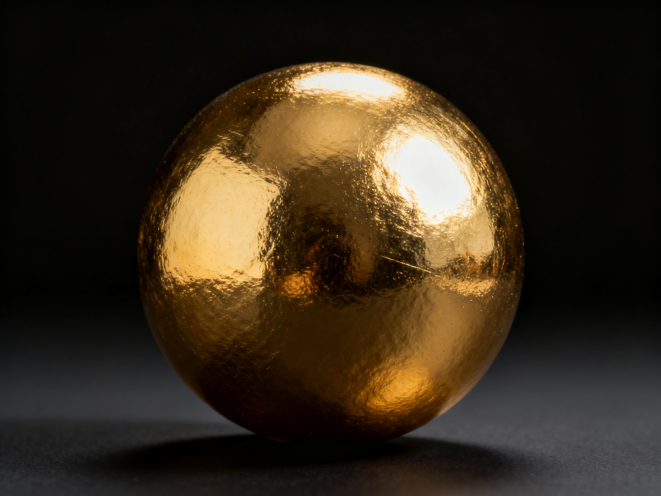 图中展示了一个位于画面中央的金色圆球，它静止在一个深灰色的平面上，背景是纯粹的黑色。圆球表面呈现出明亮的金属光泽，仿佛是由金箔包裹而成，质感略显粗糙且不均匀，带有细微的褶皱和斑驳的纹理。光线从上方照射下来，在球体的上半部分形成了强烈的白色高光，而球体底部则自然过渡到深沉的阴影中，并在地面上投射出一小片柔和的暗影。

从 AI 生成的角度来看，这张图片存在一些细微的逻辑缺陷：球体与地面的接触点显得有些虚幻，缺乏真实的重力压迫感。此外，球体表面的反射光影分布虽然营造了立体感，但反射出的环境细节模糊且杂乱，不符合真实金属球体应有的清晰镜像规律。球体的边缘轮廓在某些角度显得过于锐利，与背景的融合略显生硬。