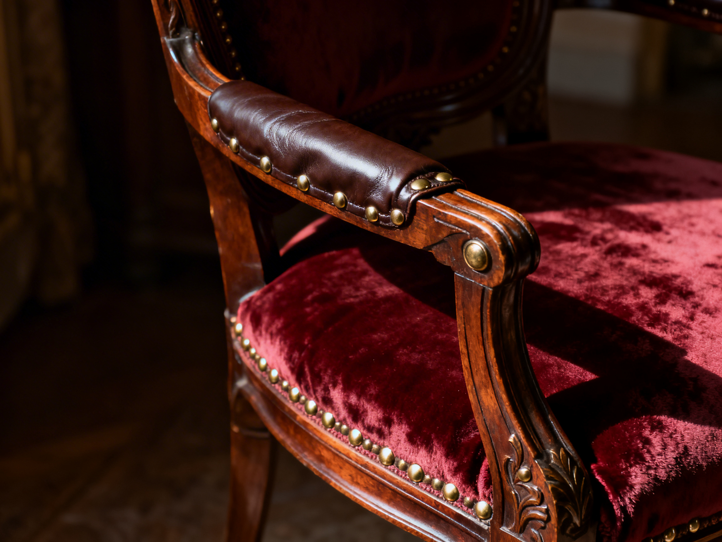 图中展示了一把古典风格木制扶手椅的局部特写。这把椅子拥有深红色的天鹅绒坐垫和靠背，木材呈现出温暖的红褐色，表面带有精细的雕刻花纹。扶手处包裹着深棕色的皮革，并装饰有一排圆形的金色铆钉，坐垫边缘也同样镶嵌着一圈铆钉。光线从右侧斜射入画面，在天鹅绒表面形成了明亮的红紫色光泽与深邃阴影的强烈对比，营造出一种华丽且静谧的室内氛围。背景模糊，隐约可见深色的室内环境。

在 AI 生成的细节方面，画面存在明显的逻辑缺陷：扶手前端的金色铆钉位置异常，仿佛直接漂浮在木材边缘或嵌入方式不自然；皮革包裹部分的纹理在转折处显得有些模糊且不符合物理结构。最明显的缺陷在于扶手下方的支撑结构，木纹的走向与雕刻的衔接显得生硬，且坐垫边缘的铆钉排列在左侧转角处出现了透视扭曲，显得不够平整。
