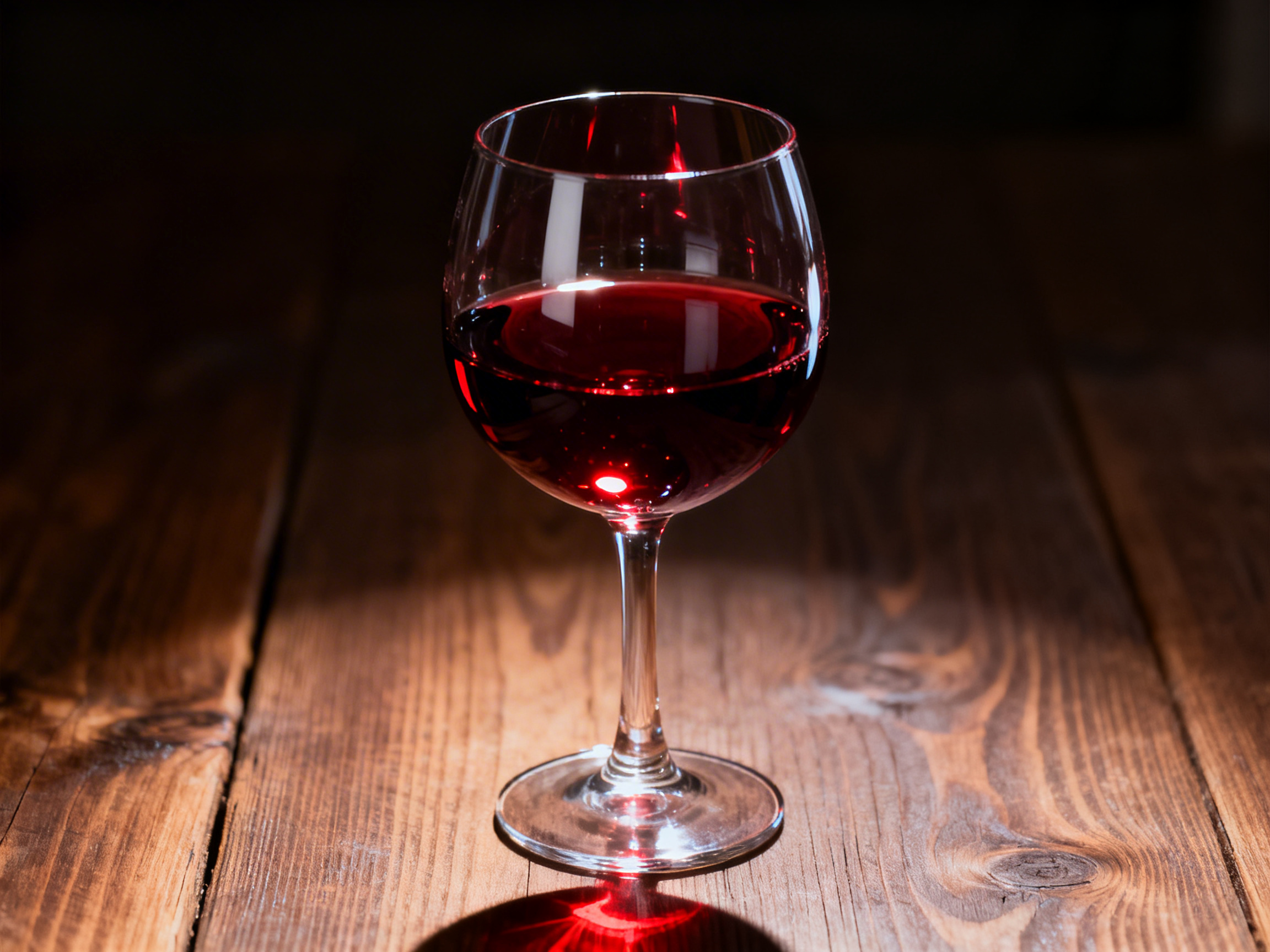 图中展示了一个盛有红酒的高脚杯，静置在深褐色的木质桌面上。画面构图简洁，酒杯位于中心位置，背景是深暗的虚化空间，营造出一种沉静、优雅的氛围。红酒呈现出浓郁的宝石红色，液面反射着晶莹的光点。光线从上方照射，穿过玻璃杯在木桌上投射出带有红色光晕的倒影。然而，画面中存在明显的 AI 生成缺陷：首先，酒杯的透视关系异常，杯口边缘的线条不够圆润且略显生硬；其次，杯柄与杯底连接处的结构模糊，缺乏真实的物理衔接感；最明显的是，桌面上酒杯的阴影与光线逻辑不符，阴影内部出现了不自然的亮红色光斑，且阴影的形状与酒杯底座的轮廓无法完全对应，显得有些支离破碎。这些细节揭示了图像并非实拍。