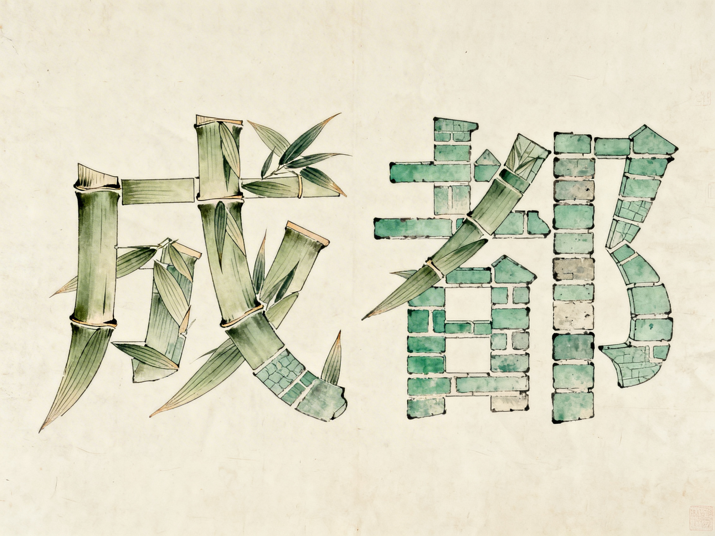 图中展示了一幅模仿中国传统水墨画风格的艺术作品，背景是带有做旧质感的米白色宣纸。画面中心由两个巨大的汉字“成都”组成，这两个字采用了独特的创意设计。左侧的“成”字主要由写实的青绿色竹节和竹叶拼凑而成，竹子的纹理清晰，色调清新。右侧的“都”字则呈现出截然不同的质感，其笔画由青绿色的砖块堆砌而成，看起来像是一段古老的城墙，砖块间有明显的缝隙。

画面中存在明显的 AI 生成缺陷：首先，汉字结构严重扭曲且不规范，“成”字的撇画末端变成了奇怪的网格状，而“都”字的右半部分（双耳旁）形状完全走样，看起来更像是一个变形的英文字母“B”，且内部砖块的透视逻辑混乱。此外，部分竹叶与竹节的连接处显得生硬，缺乏自然的生长逻辑，整体构图虽有创意，但在汉字书写的准确性上存在明显错误。