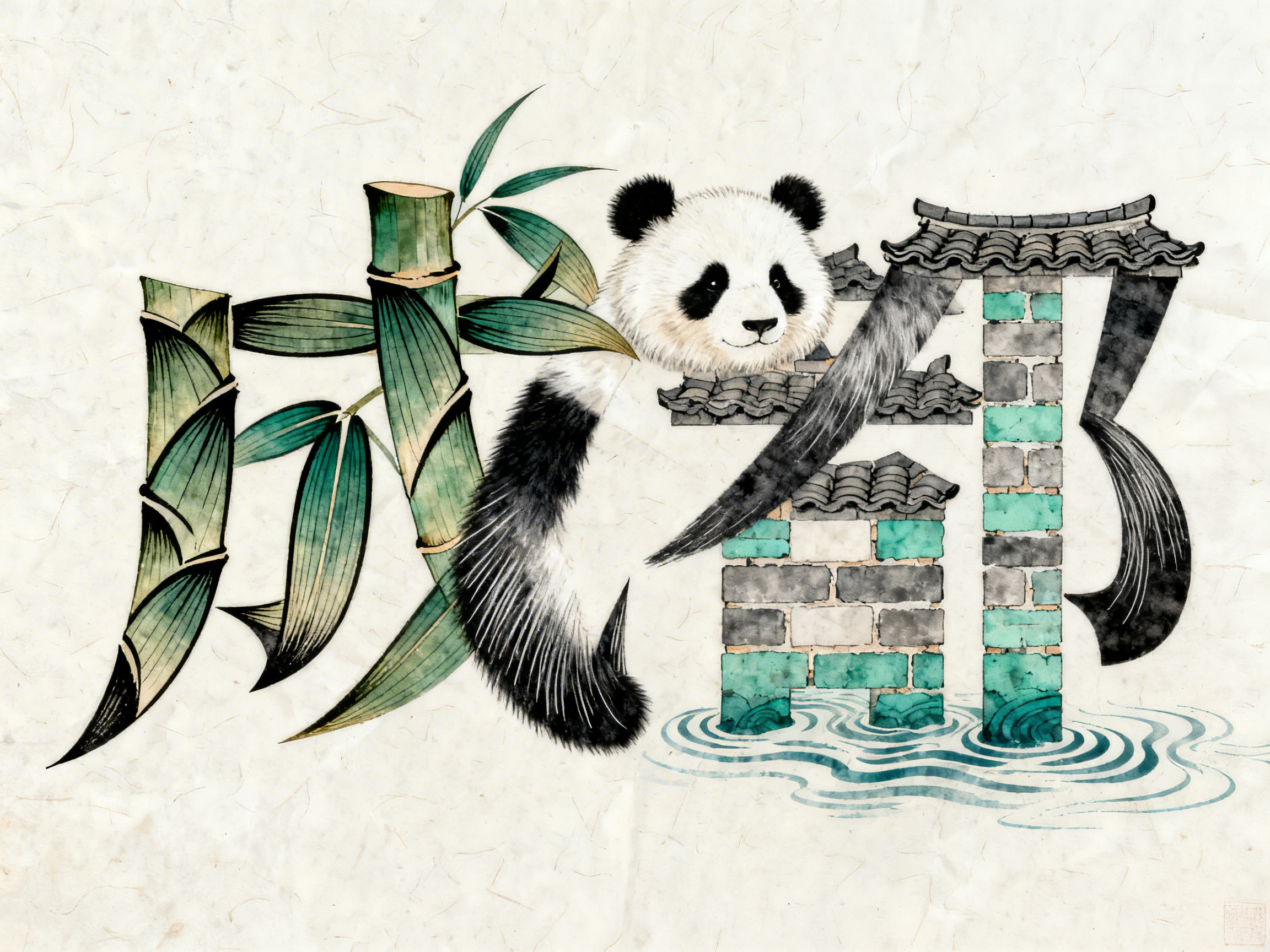 画面中是一幅融合了中国水墨画风格与现代创意设计的作品，背景是带有褶皱质感的米白色宣纸。图像的核心是由各种元素巧妙拼凑出的“成都”二字。左侧的“成”字由翠绿的竹节和竹叶组成，笔画苍劲有力；右侧的“都”字则融合了青砖灰瓦的古建筑、水波纹以及大熊猫的形象。一只憨态可掬的大熊猫趴在建筑构件上，黑白分明的毛发质感细腻。画面色调以墨黑、翠绿和砖灰为主，清新雅致。

然而，作为 AI 生成的图像，画面中存在明显的逻辑缺陷：首先，文字结构并不严谨，“都”字的部首与主体拆分混乱，笔画连接处生硬且不符合汉字书写逻辑；其次，大熊猫的身体构造异常，它的黑色前肢像是一抹随意的墨迹，与头部连接不自然，且身体下半部分缺失，直接消失在建筑元素中；右侧的建筑支柱与水面的衔接也缺乏透视的合理性，呈现出一种超现实但略显混乱的堆砌感。