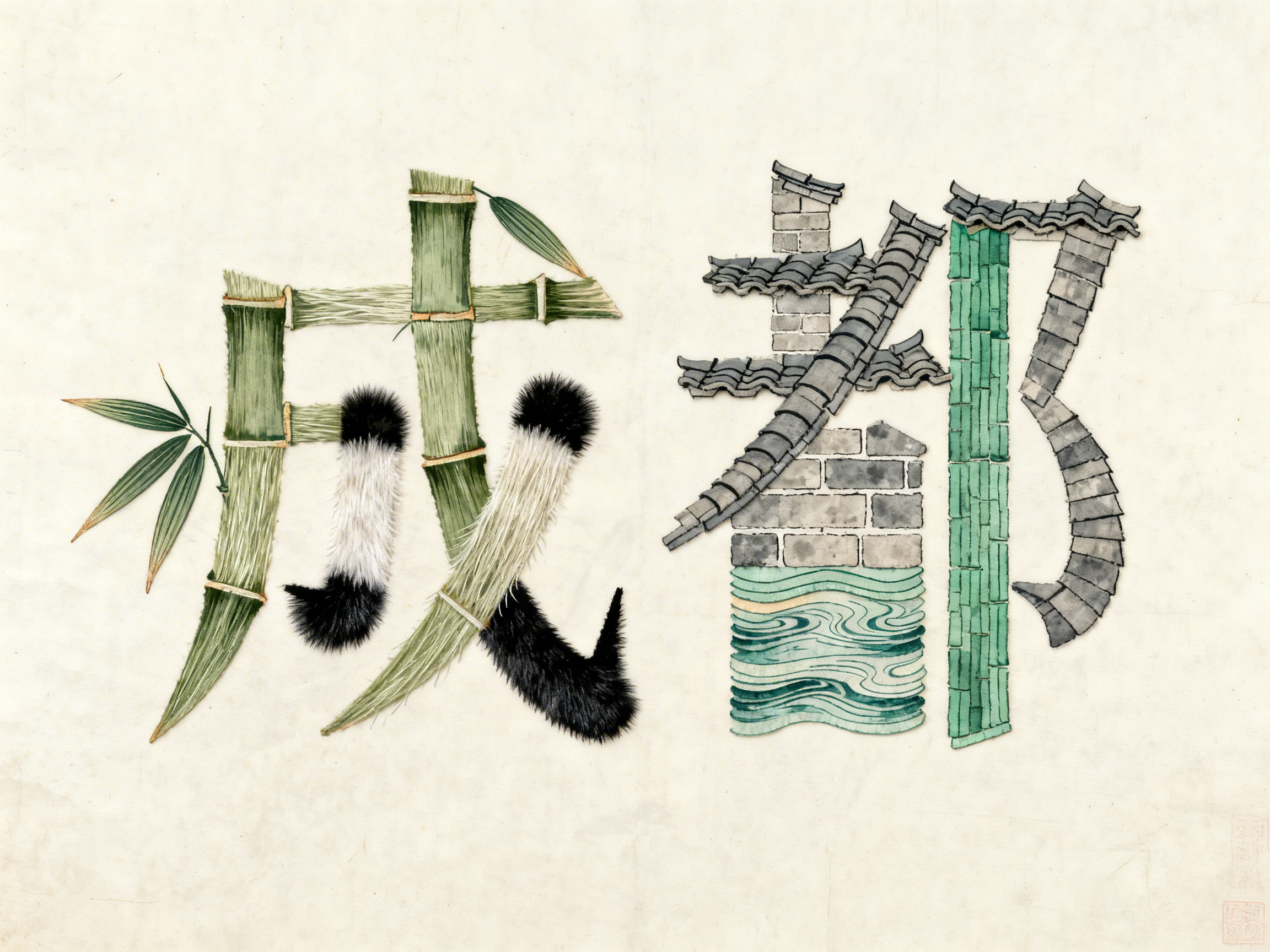 图中展示了在米白色宣纸背景上，由多种四川特色元素拼贴而成的“成都”两个汉字。左侧的“成”字主要由青绿色的竹节、细长的竹叶以及黑白相间的大熊猫皮毛质感构成，笔画末端带有毛茸茸的触感。右侧的“都”字则融合了灰色瓦片、青砖墙面以及泛着波光的绿色水纹，展现了古建筑与自然和谐共生的意境。整体色调清新淡雅，具有浓郁的中国水墨画风格。在 AI 生成的细节方面，存在明显的逻辑缺陷：部分竹节的透视关系混乱，笔画之间的穿插显得生硬且不符合物理结构；“都”字右侧的“阝”旁由瓦片堆叠而成，但瓦片的排列方向杂乱，缺乏真实的建筑美感；此外，熊猫皮毛的纹理与竹子的结合处边缘过于锐利，缺乏自然的过渡。
