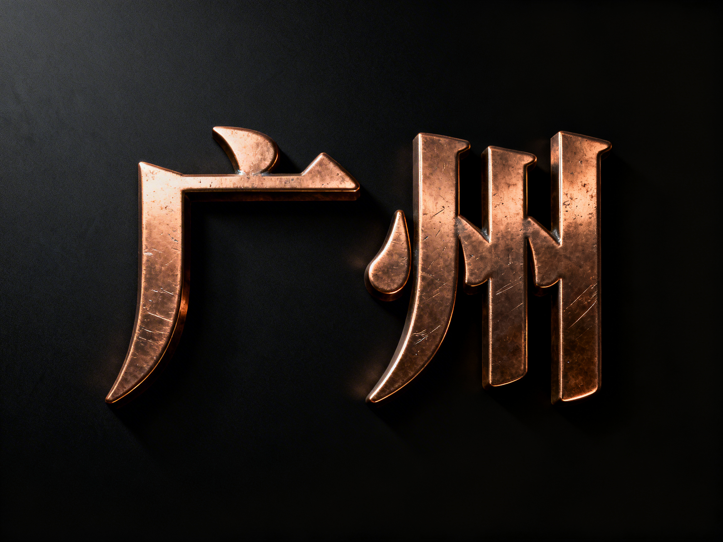 图中展示了位于黑色背景中央的两个立体金属汉字，试图表现“广州”二字。字体呈现出带有磨损痕迹的古铜色或红铜质感，表面有细微的划痕和斑驳的光影，具有厚重的工业金属感。光线从左上方照射，使字体在右侧投射出深邃的阴影，增强了三维立体效果。然而，作为 AI 生成的图像，画面存在明显的文字结构错误：左侧的“广”字顶部多出了一个不规则的钩状突起，且横折结构显得生硬；右侧的“州”字结构完全崩坏，原本的三竖被扭曲成类似闪电或锯齿状的连接符号，中间还夹杂着一个多余的水滴状金属块。整体构图简洁，色彩深沉，但文字的笔画逻辑并不符合真实的汉字书写规范。