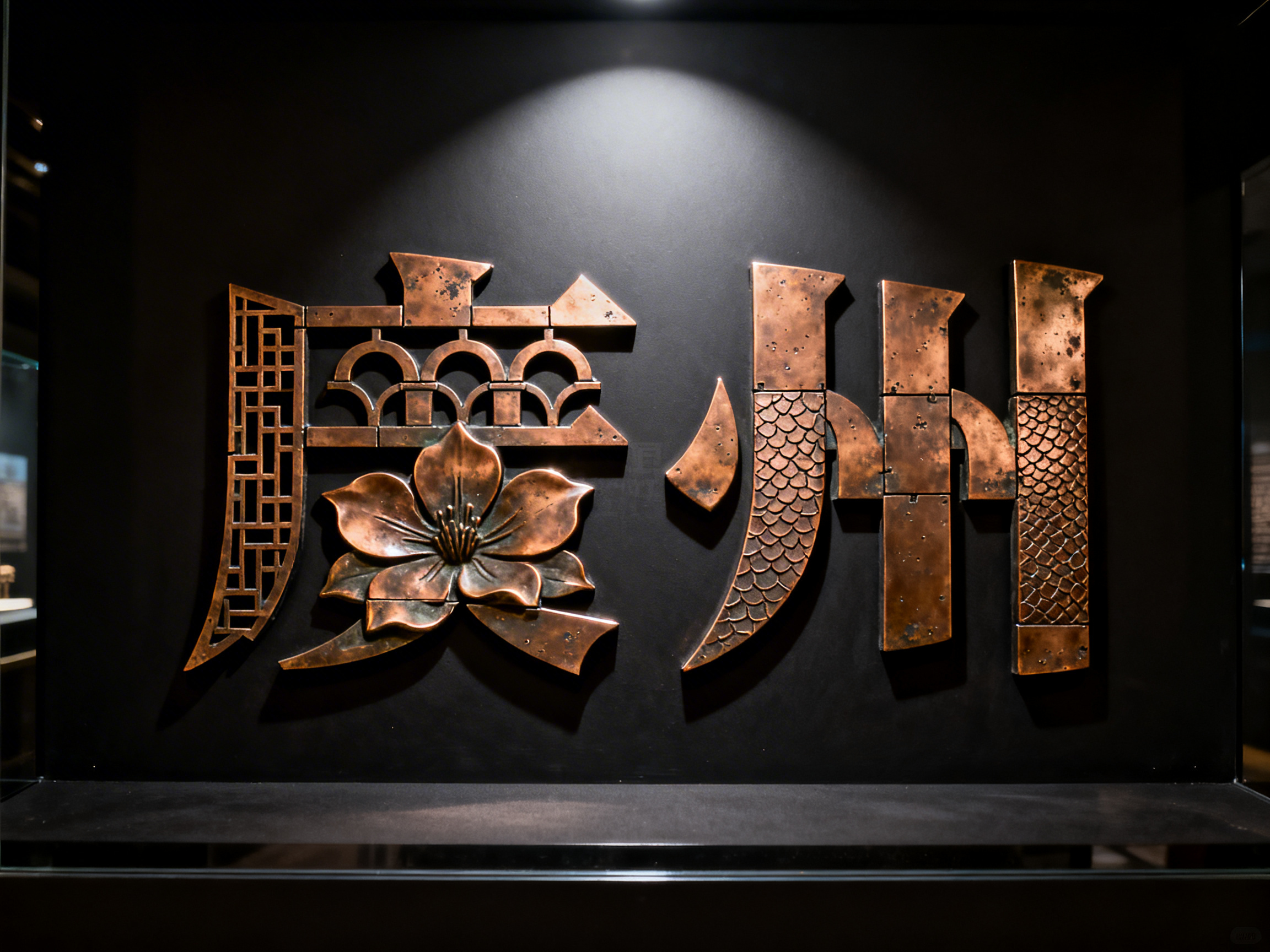 图中展示了一件陈列在黑色展柜中的金属浮雕艺术品，背景为深黑色，顶部有一束柔和的射灯垂直照射，营造出博物馆般的庄重感。浮雕主体由古铜色的金属材质构成，呈现出类似“魔州”二字的艺术化形态。左侧的图形融合了中式窗棂、拱桥和一朵盛开的玉兰花，花瓣质感厚重；右侧的图形则由带有鱼鳞纹理的几何长条组成。整体色调以古铜色和黑色为主，光影对比强烈。

作为 AI 生成的图像，画面存在明显的逻辑与文字错误：首先，文字并非标准的汉字，而是由各种元素拼凑而成的“伪汉字”，结构支离破碎，无法实际阅读；其次，金属构件的拼接处显得生硬且不符合物理逻辑，例如左侧花瓣下方的支撑部分与背景的衔接模糊；右侧类似“州”字的笔画中，鱼鳞纹理的分布不均且边缘切割感异常。此外，射灯的光晕在黑色背景上分布过于均匀，缺乏真实的散射细节。