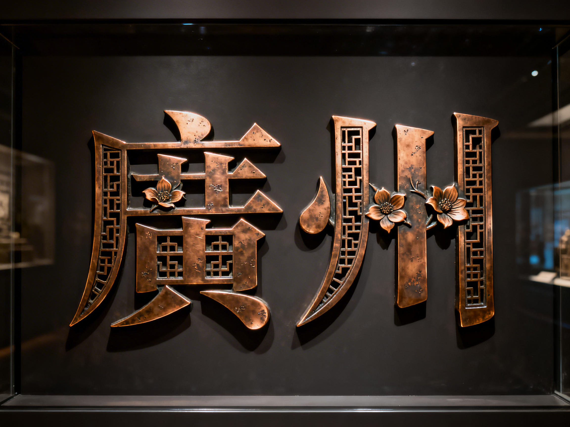 图中展示了一块深灰色背景上的青铜质感浮雕艺术品，内容为繁体中文字样。这两个字在视觉上试图呈现“廣州”二字，采用了厚重的金属材质，表面带有斑驳的古铜色锈迹和光泽。字体设计融合了中国传统元素，笔画内部嵌入了精细的镂空窗棂花纹，并点缀了几朵立体的五瓣花卉装饰，整体风格典雅且具有历史感。构图上，文字位于画面中心，左右对称分布，光线从上方投射，在背景上留下了清晰的投影，增强了立体感。

然而，作为 AI 生成的图片，画面存在明显的文字结构错误。左侧的字虽然形似“廣”，但内部组件杂乱，出现了不符合汉字逻辑的堆叠；右侧的“州”字被拆解成了四个不规则的竖向笔画，且最左侧的撇画变成了一个独立的水滴状元素。此外，文字内部的镂空花纹在细节处显得杂乱无章，缺乏真实的工艺逻辑，部分线条衔接生硬，是典型的 AI 幻觉产物。