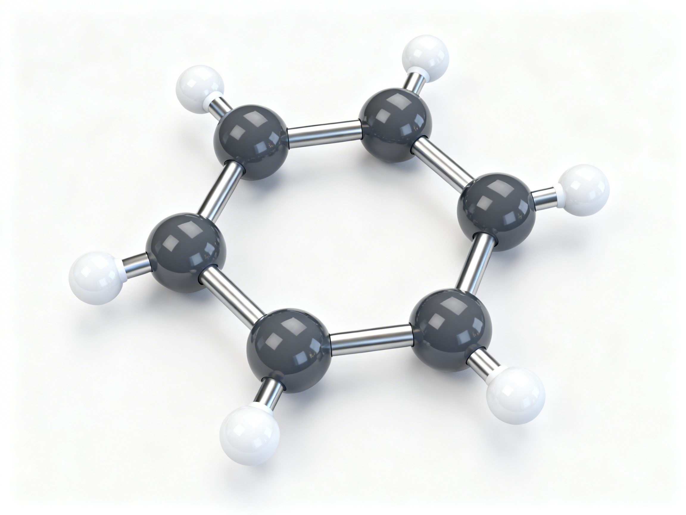 画面中展示了一个三维球棍模型的分子结构，背景为纯净的白色。该结构由六个深灰色的球体连接成一个六边形环状，每个深灰色球体外侧各连接着一个较小的白色球体，整体呈现出类似苯分子的几何形态。球体表面具有平滑的金属质感和明显的反光亮点，连接杆则呈现出银色金属的光泽。

从 AI 生成的角度来看，画面存在明显的逻辑和透视缺陷：首先，分子结构中的化学键连接方式不统一，环状内部的连接杆粗细不一，且部分连接处显得生硬。其次，位于画面最下方的白色球体与其连接杆的透视角度显得扭曲，与整体的俯视视角不协调。此外，在左上角和右侧的球体边缘，阴影的处理略显模糊，缺乏真实物理环境下的自然过渡。尽管整体构图简洁，但这些细节揭示了其作为 AI 生成图像在科学严谨性上的不足。