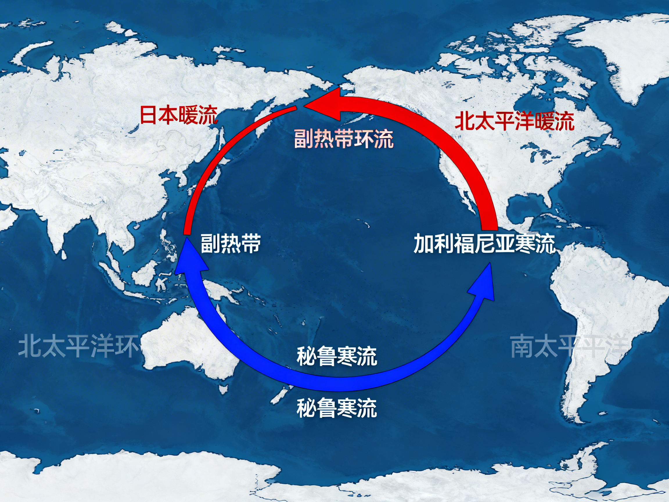 图中展示了一张以太平洋为中心的世界地图，背景是深蓝色的海洋和白色纹理的陆地。画面中央有一个由红色和蓝色箭头组成的巨大圆形环流示意图。上半圆为红色箭头，标注着“日本暖流”和“北太平洋暖流”；下半圆为蓝色箭头，标注着“秘鲁寒流”。圆环中心及两侧还分布着“副热带环流”、“加利福尼亚寒流”等中文标签。

这张图片存在明显的 AI 生成缺陷和地理逻辑错误：首先，文字排版极其混乱，多个标签重叠或位置错误，例如“秘鲁寒流”出现了两次，且“北太平洋环流”的文字被截断并错误地放置在澳大利亚左侧。其次，地理信息完全错误，红蓝箭头强行拼凑成一个跨越南北半球的巨大圆圈，违背了现实中太平洋环流分为南北两个独立系统的科学常识。此外，部分陆地轮廓模糊且不准确，文字光晕效果不均，整体呈现出一种逻辑崩坏的拼贴感。