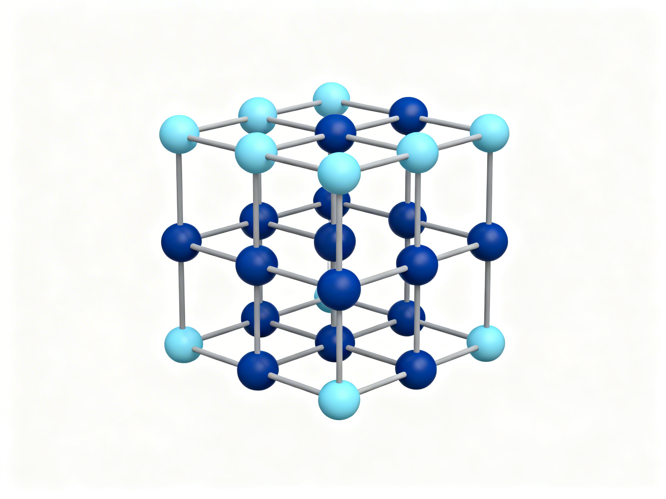 图中展示了一个在纯白色背景下的三维晶体结构模型，整体呈立方体形状。该模型由许多深蓝色和浅蓝色的圆球组成，这些圆球代表原子，并由细长的灰色连杆连接，模拟分子键。球体表面带有平滑的阴影和高光，呈现出塑料或金属的质感。构图上，立方体以略微倾斜的角度呈现，增强了空间立体感。

然而，画面中存在明显的 AI 生成逻辑错误：作为科学模型，其内部的几何结构非常混乱。许多灰色连杆的连接方式不符合逻辑，有的连杆在空间中凭空穿插，未能准确连接在两个球体之间；部分球体的位置偏移，导致原本应平行的线条出现扭曲。此外，深蓝与浅蓝球体的排列没有任何规律可循，缺乏真实晶体结构应有的对称性和周期性，透视关系在细节处也显得模糊不清。