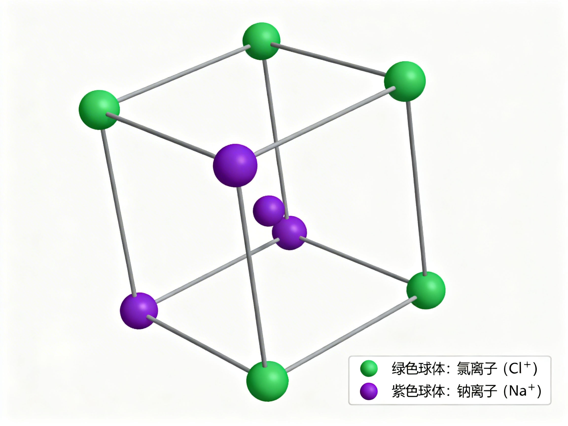 图中展示了一个试图表现氯化钠晶体结构的 3D 模型，背景为纯白色。画面中央是一个由灰色线条连接而成的立方体框架，顶点和棱边上分布着绿色和紫色的球体。右下角有一个图例，说明绿色球体代表氯离子，紫色球体代表钠离子。然而，这张 AI 生成的图片存在严重的科学逻辑和构图缺陷：首先，文字标注错误地将氯离子写为带正电的“Cl+”，而实际上应为带负电的“Cl-”；其次，晶体结构极其混乱，球体在立方体上的分布毫无规律，未能体现出氯化钠典型的面心立方点阵特征；此外，画面中心的几个紫色球体悬浮位置尴尬，连接线条相互穿插且透视关系扭曲，甚至出现了两个球体异常重叠的情况。整体而言，该模型在化学准确性和空间几何逻辑上均存在明显错误。