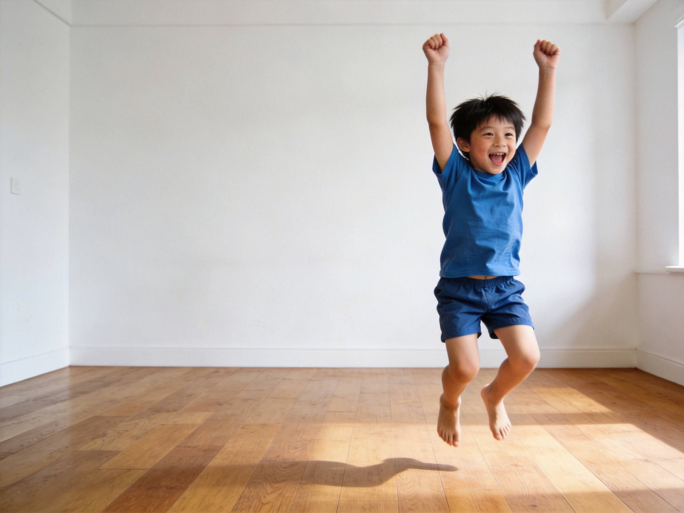 图中展现了一个充满活力的室内场景。一名约五六岁的东亚裔小男孩正处于画面右侧，他穿着深蓝色的短袖 T 恤和同色短裤，光着脚在空旷的房间里兴奋地向上跳跃。他双臂高举，拳头紧握，脸上洋溢着灿烂且夸张的笑容，嘴巴大张，显得非常开心。房间背景极其简约，拥有洁白的墙壁和浅棕色的实木地板，阳光从右侧窗户洒入，在男孩身下的地板上投射出清晰的阴影。

然而，画面中存在明显的 AI 生成缺陷：最显著的是男孩高举的双手，手指结构模糊且扭曲，呈现出不自然的肉团状，缺乏清晰的指节。此外，男孩的双脚脚趾细节也较为混乱，左脚脚趾显得长短不一且融合在一起。地板上的阴影形状与男孩当下的跳跃姿势并不完全匹配，显得有些生硬。尽管如此，整张图片依然传递出一种纯粹的快乐与自由感。