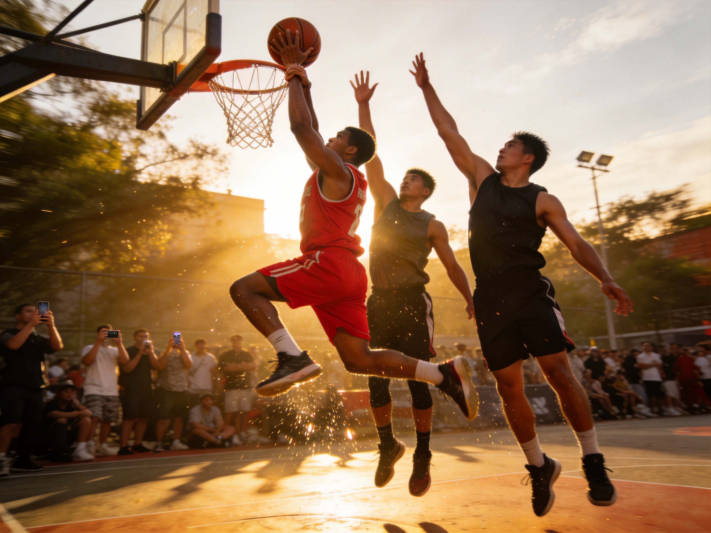 图中展现了一个充满活力的室外篮球比赛瞬间。画面中心，一名身穿红色球衣的球员正跃起尝试扣篮，两名身穿深色背心的防守球员正伸手拦截。背景是金色的夕阳，阳光穿透树叶形成强烈的光晕和丁达尔效应，地面上散落着细碎的光斑。球场周围聚集了许多围观群众，有人正举着手机拍摄。整体色调温暖，呈现出一种热血的运动氛围。

然而，画面中存在多处明显的 AI 生成缺陷：最显著的是红衣球员的手部，他抓球的手指数量异常且扭曲，与篮球的接触方式不符合物理逻辑；中间防守球员举起的右手掌形状模糊，指节混乱。此外，背景中围观群众的面部特征模糊不清，部分人的手持手机动作僵硬。左侧篮球架的结构也存在透视问题，篮板边缘与支架的连接显得不够自然。