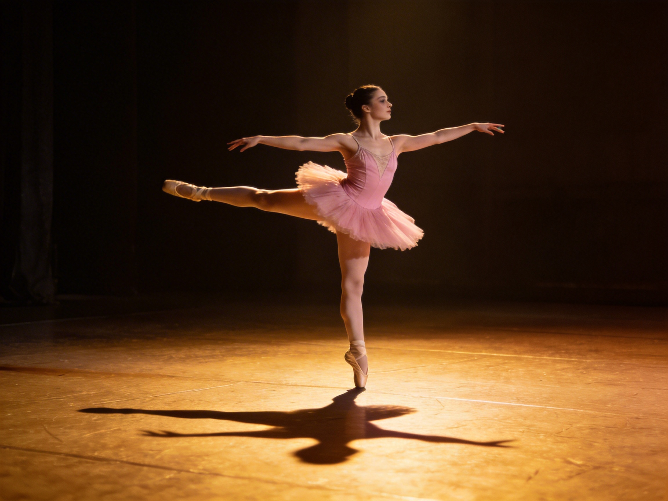 图中展示了一位芭蕾舞女演员在昏暗的舞台中央翩翩起舞。她身穿一件粉色的芭蕾舞短裙（Tutu），正处于一个优雅的阿拉贝斯克（Arabesque）舞姿：右腿笔直站立，足尖点地，左腿向后平平抬起。她的双臂向两侧舒展，头微微侧向一方，神情专注。舞台背景是一片深沉的黑色，上方有一束暖黄色的聚光灯打在舞者身上，使她在木质地板上投射下一道清晰且修长的阴影。整体色调温暖，光影对比强烈，营造出一种静谧而神圣的艺术氛围。

在 AI 生成的细节方面，存在一些明显的逻辑缺陷：首先，舞者的手部结构模糊且变形，手指的数量和关节连接显得不自然；其次，她向后抬起的左脚足尖鞋形状异常，脚踝处的系带与腿部的融合显得生硬；此外，地板上的投影虽然清晰，但阴影中头部的轮廓与舞者实际的头部角度并不完全匹配，透视关系略显违和。