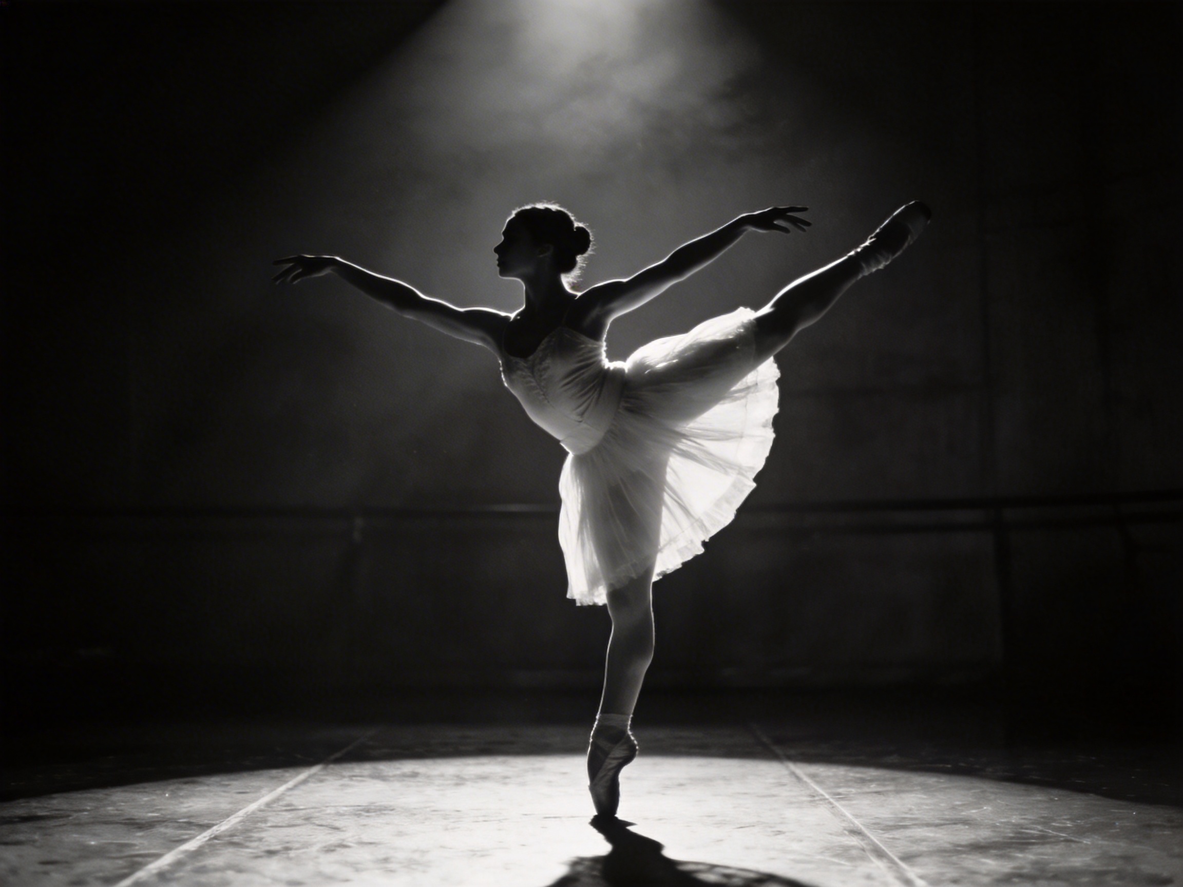 图中展现了一幅极具戏剧感的黑白摄影画面。一位芭蕾舞者身着白色芭蕾舞裙，在幽暗的舞台中央翩翩起舞。她正处于一个优美的单腿站立平衡姿势，右腿向后高高抬起，双臂向两侧舒展，头微微仰起。一道强烈的顶光从上方打下，在舞者周围形成了一圈神圣的轮廓光，同时也照亮了脚下略显斑驳的木质地板。背景是一片深邃的阴影，隐约可见远处的排练扶手。

画面虽然充满艺术美感，但存在明显的 AI 生成缺陷。最显著的问题在于舞者的手部：她左手的指尖轮廓模糊且扭曲，右手的手指数量和关节连接显得极不自然，呈现出一种融化的质感。此外，她支撑地面的左脚脚尖与地面的接触点透视略显生硬，舞裙边缘的蕾丝细节在强光下也出现了一些不规则的像素伪影。尽管如此，整张图片依然成功营造出了一种静谧而充满力量的舞台氛围。