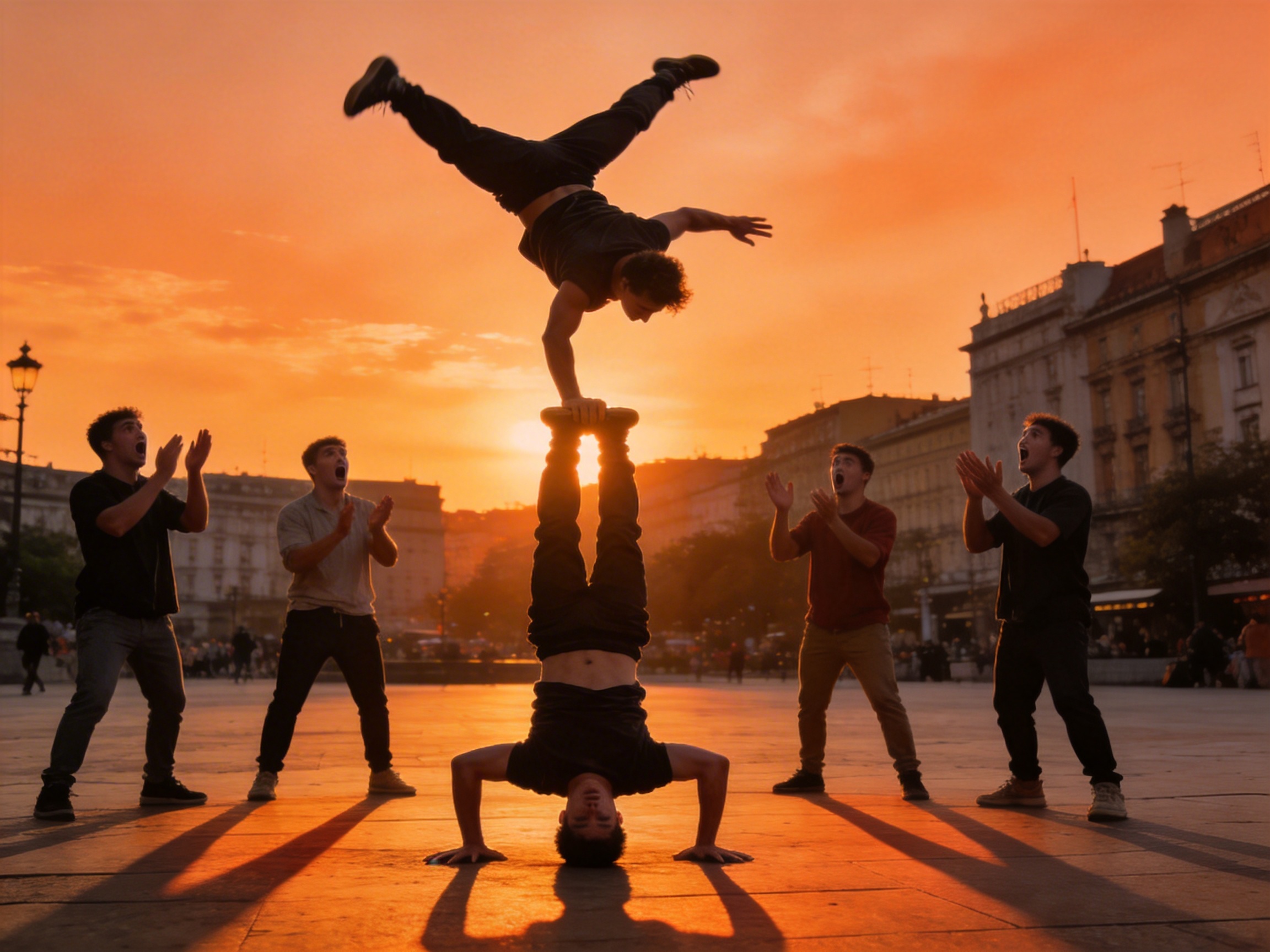 画面中展示了一个在城市广场上的惊人杂技瞬间，背景是绚烂的橙红色夕阳。构图中心是两名男子叠罗汉：下方男子头顶地倒立，双腿笔直向上，支撑着上方男子的单手倒立。周围有四名观众正张大嘴巴惊呼鼓掌。整个场景笼罩在温暖的逆光中，地面投射出长长的阴影。

然而，这张 AI 生成的图片存在多处明显的逻辑和解剖学缺陷。最显著的是中心两人的连接方式：上方男子的右手竟直接按在下方男子悬空的脚底板上，完全违背物理平衡。此外，人物肢体细节严重扭曲，例如最左侧观众的手指像细长的爪子且数量不对；中间倒立者的腹部肌肉纹理极其怪异；右侧观众的手掌与手臂连接处结构模糊。背景建筑的窗户和线条也呈现出不自然的扭曲感，这些特征共同指向了这并非真实摄影作品。