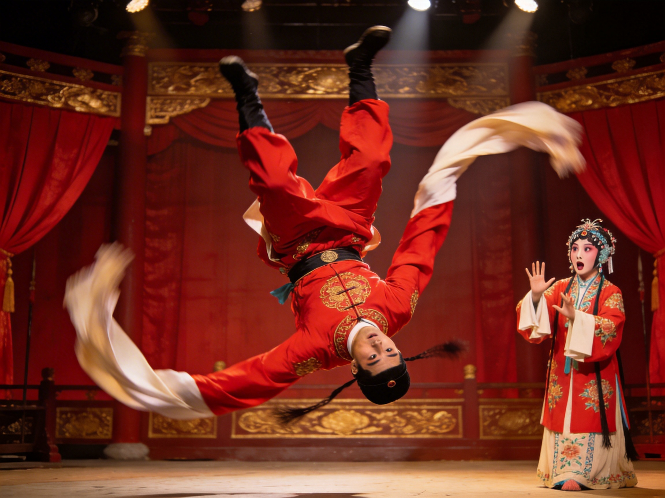 图中展示了一个充满张力的京剧表演舞台。画面中央，一名身着大红色武生戏服的男演员正处于高难度的空中翻腾状态，他头朝下、脚朝上，身体呈倒挂姿态，长长的水袖在空中划出动感的弧线。舞台右侧站着一位面带惊恐表情的花旦，她穿着精致的红白相间戏服，双手举起，仿佛在为武生的惊险动作感到揪心。背景是古色古香的红色中式舞台，装饰有金色的雕花和红色的幕布，上方有几束强烈的舞台灯光照射。

然而，画面中存在明显的 AI 生成缺陷：首先，武生的身体结构极度扭曲，他的左臂似乎直接从胸部位置伸出，且水袖的连接处显得非常生硬，不符合人体解剖学。其次，武生的头部与躯干的连接角度异常，看起来像是生硬拼接上去的。右侧花旦的手指细长且形状怪异，缺乏真实的关节结构。此外，背景中的金色雕花纹理模糊且不规则，光影处理在人物边缘处显得有些虚幻。