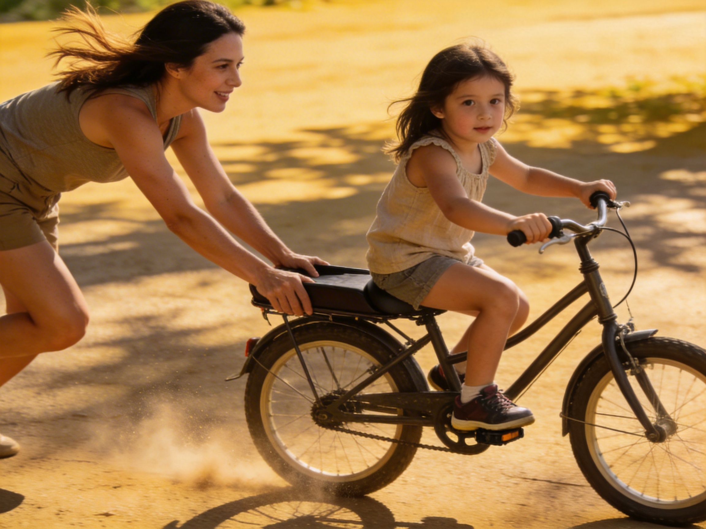 图中展现了一个温馨的户外场景，一位年轻女性正在金色的阳光下扶着一名小女孩骑自行车。画面色调温暖，地面呈现出明亮的土黄色，伴有斑驳的树影