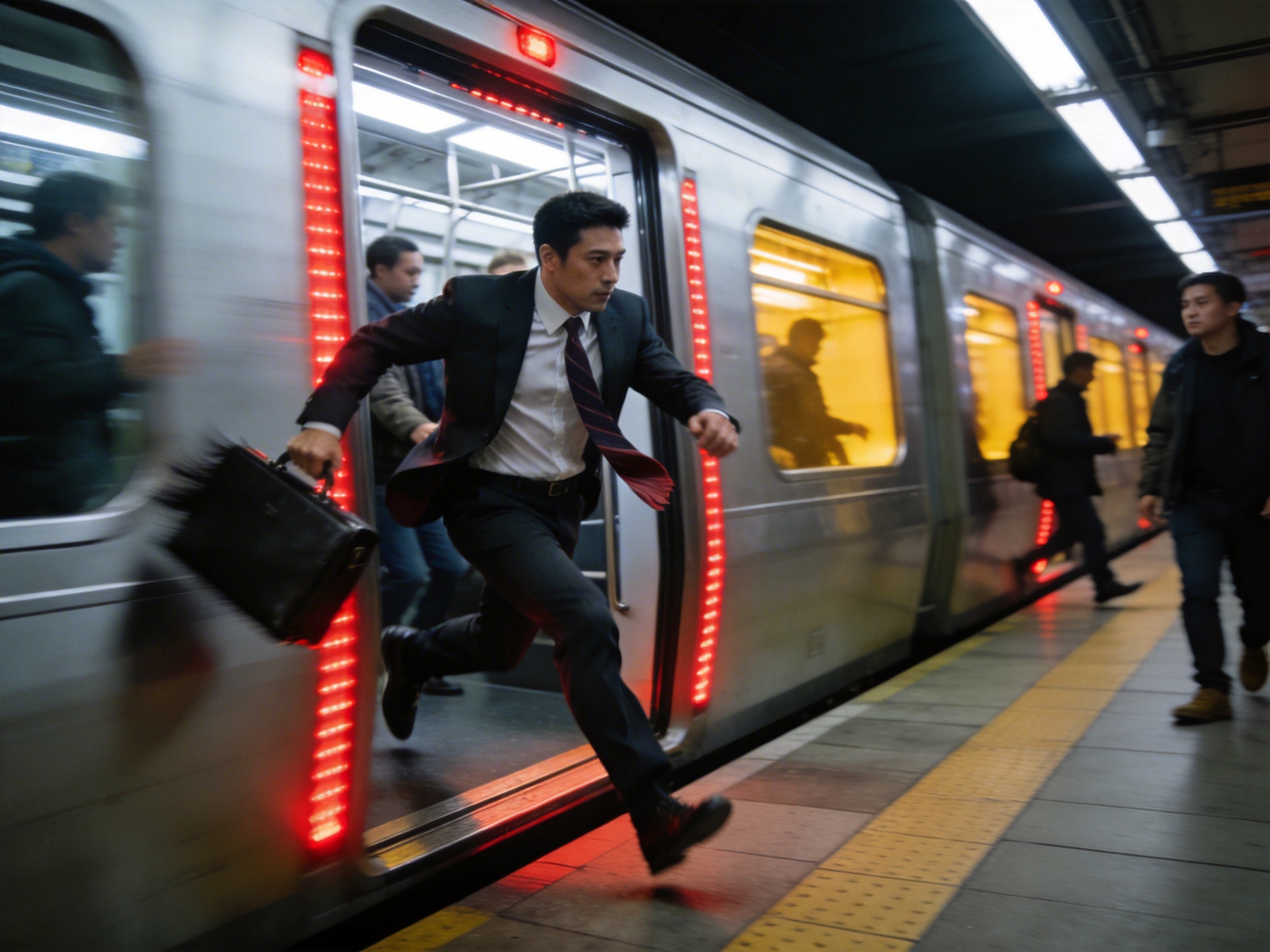图中展现了一个充满动感的地铁站场景。一名穿着深色西装、白衬衫并系着红黑条纹领带的中年亚洲男子，正神色匆忙地从一辆银色地铁列车的车厢中飞奔而出。他右手提着一个黑色公文包，领带随风飘起，双腿跨度极大，呈现出一种强烈的冲刺感。背景是灯光昏暗的地铁站台，列车门边闪烁着红色的警示灯带，车窗透出暖黄色的光，站台上还有几名模糊的行人。画面构图以斜向透视为主，增强了速度感。

然而，画面中存在多处明显的 AI 生成缺陷：最显著的是男子的左手，手指结构完全模糊且扭曲，看起来像是一个没有指节的肉团；他右手提着的公文包边缘出现了不自然的重影和虚化，仿佛与背景融合；此外，车厢门框的线条在男子身体后方出现了断裂和透视错位，左侧背景中的乘客身体比例也显得不够协调。