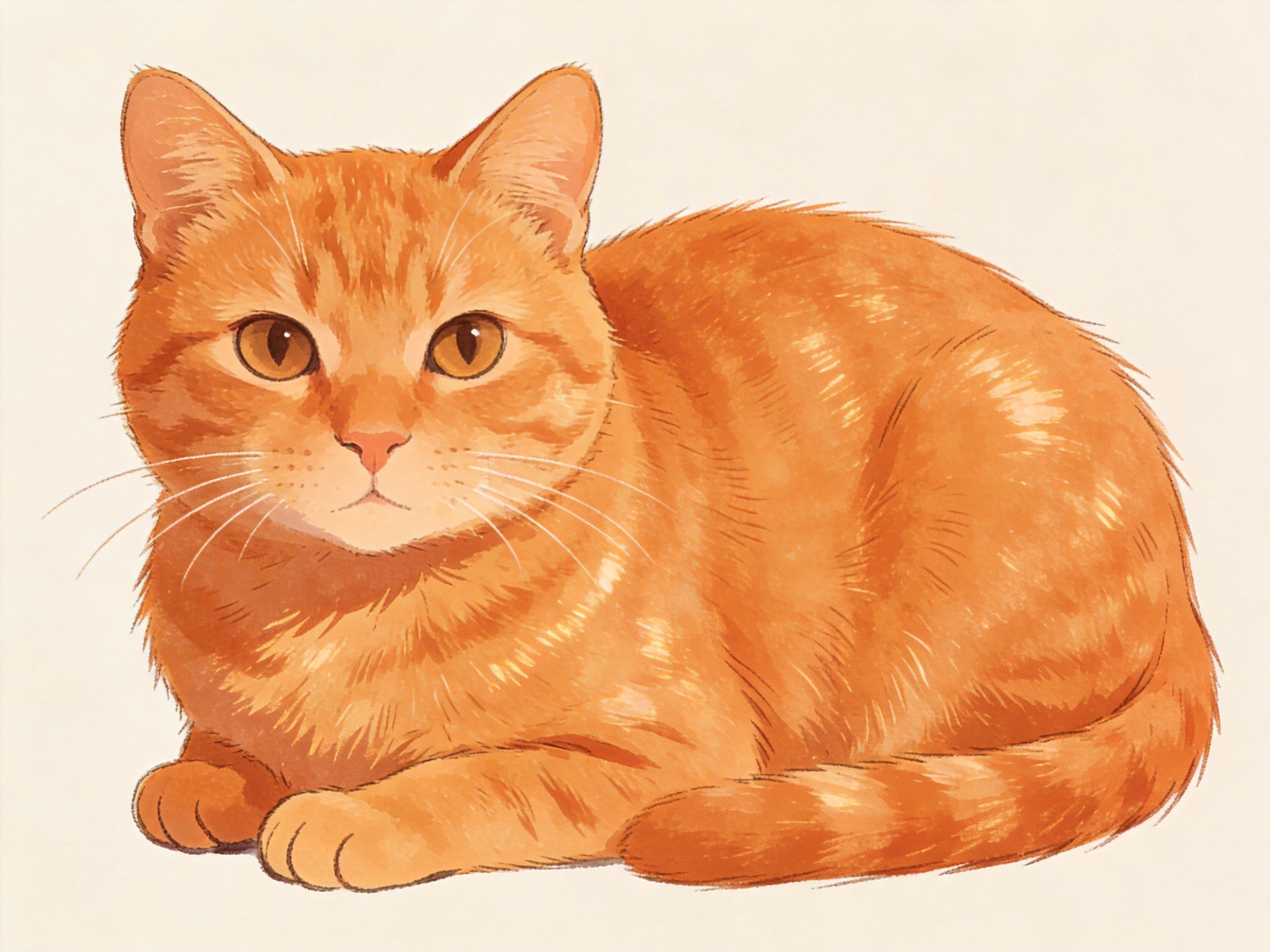 画面中展示了一只以插画风格呈现的橘色条纹猫，它正安静地蹲伏在米白色的纯净背景中央。这只猫拥有温暖的姜黄色皮毛，背部和头部带有深橘色的虎斑条纹，毛发质感细腻，边缘透出柔和的光泽。它的眼睛是明亮的琥珀色，正平和地注视着前方，粉红色的鼻头和细长的白色胡须让神态显得十分乖巧。构图上，猫咪占据了画面主体，身体呈侧卧蹲姿，尾巴顺从地环绕在身侧。

作为一张 AI 生成的图像，画面中存在一些明显的逻辑缺陷：最显著的问题在于猫咪的前肢，左前爪的线条与身体连接处显得模糊且结构异常，看起来像是直接从胸部生发出来，缺乏自然的骨骼转折；此外，猫咪身体后半部分的体积感略显臃肿，尾巴末端与身体的融合处线条处理不够自然，呈现出一种平面贴合感，而非真实的立体环绕。尽管如此，整体色调和谐，给人一种温馨治愈的视觉感受。