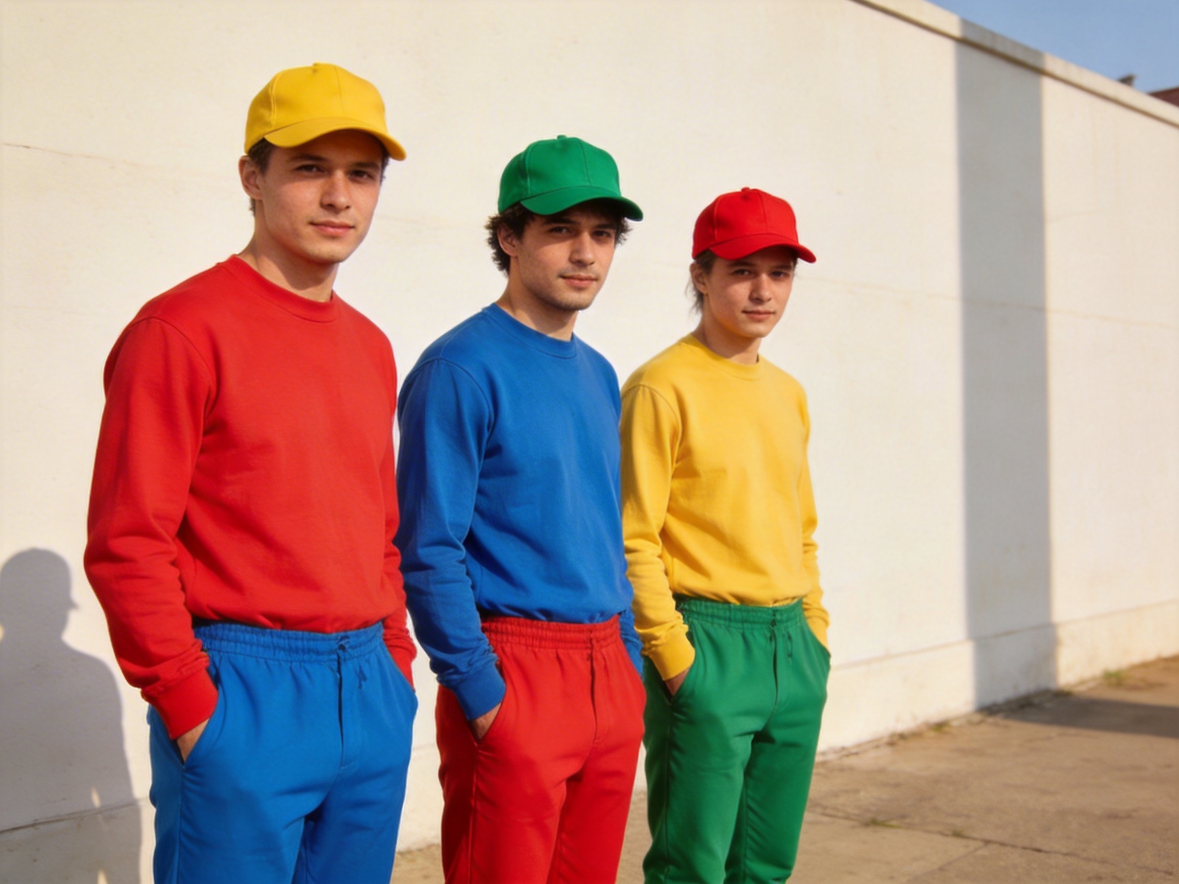 图中展示了三位年轻男性并排站在一堵米白色墙壁前，他们穿着色彩鲜艳且对比强烈的纯色运动服。从左至右，第一位男士戴着黄色棒球帽，穿红色长袖卫衣和蓝色运动裤；中间的男士戴着绿色帽子，穿蓝色卫衣和红色裤子；右侧的男士戴着红色帽子，穿黄色卫衣和绿色裤子。三人的服装配色呈现出一种循环互换的视觉效果。光线从侧面照射，在墙上留下明显的阴影。

画面中存在几处明显的 AI 生成缺陷：最左侧男士插在口袋里的手部结构模糊，手指轮廓不自然；中间男士的左手（画面右侧）插兜处，衣服褶皱与手部的衔接显得生硬且逻辑混乱；右侧男士的裤腰处细节模糊，且其身后墙壁上的阴影形状与人物实际轮廓不完全匹配。此外，三人的面部特征过于相似，带有典型的 AI 模版化痕迹。