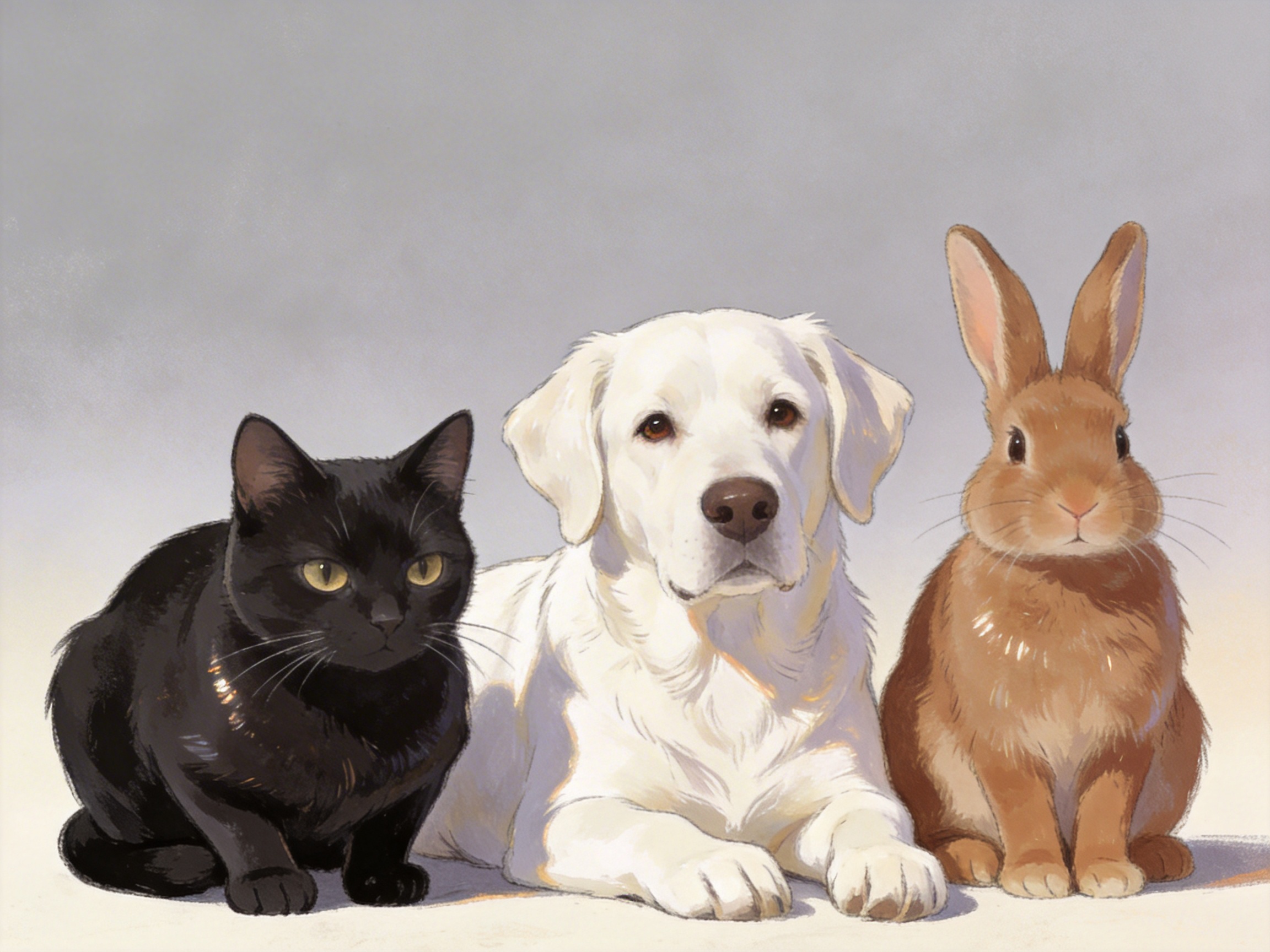 图中展示了三只并排坐卧的小动物，从左至右分别是一只黑猫、一只白色的拉布拉多犬和一只棕色的小兔子。背景是简洁的浅灰色，带有细腻的绘画质感。左侧的黑猫有着明亮的黄色眼睛，神情冷峻；中间的拉布拉多犬体型最大，正温顺地趴在地上，眼神柔和；右侧的小兔子竖着长耳朵，模样乖巧。光线从左侧照射，在动物的皮毛上留下了温暖的高光。

作为一张 AI 生成的图片，画面中存在一些明显的逻辑缺陷：中间拉布拉多犬的身体结构显得有些局促，其后半身似乎消失在了黑猫和兔子身后，缺乏合理的透视衔接；此外，黑猫的左前爪与身体的连接处略显生硬，兔子的胡须分布也显得不够自然，左右长短和疏密程度不太对称。尽管如此，整幅画作色彩和谐，给人一种温馨治愈的感觉。