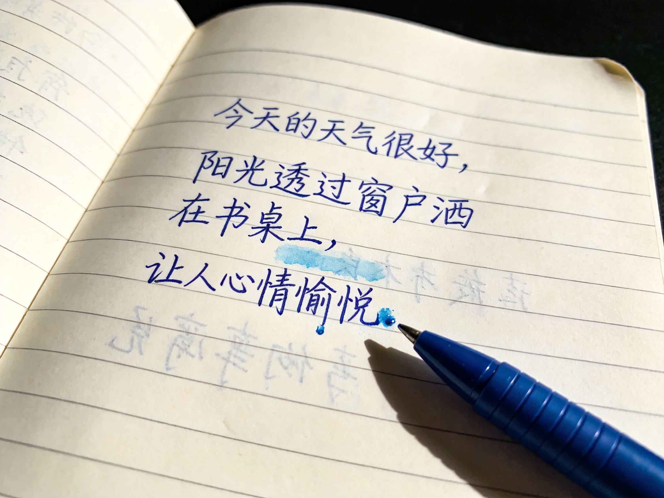 图中展示了一本摊开的横线笔记本，纸张呈现温暖的米白色，光线从右上方斜射而下，营造出静谧的氛围。笔记本右页用蓝色圆珠笔书写了四行简体中文：“今天的天气很好，阳光透过窗户洒在书桌上，让人心情愉悦。”一支蓝色的圆珠笔斜靠在纸面右下方，笔尖指向文字末尾。画面构图采用近景俯拍，景深较浅，背景略显模糊。

作为一张 AI 生成的图片，画面中存在几处明显的逻辑和视觉缺陷：首先，文字下方出现了不自然的蓝色水渍和涂抹痕迹，且纸张背面透出的字迹与正面的内容完全不匹配，呈现出杂乱的笔画堆砌。其次，笔尖处有一个突兀的蓝色墨水圆点，且圆珠笔的阴影形状与笔身结构不完全吻合。最明显的 AI 特征在于左侧页面的文字，它们并非真实的汉字，而是由扭曲、破碎的线条组成的符号，缺乏实际含义。此外，纸张边缘的弧度与装订线的透视关系也略显生硬。