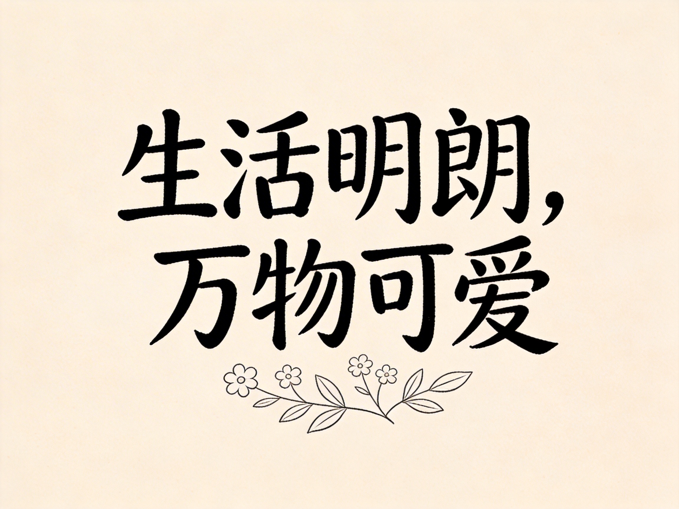 画面中是一张以米白色为底色的极简风格图片，中心位置排列着两行黑色的手写体中文字符。第一行是「生活明朗，」，第二行是「万物可爱」。字体风格介于楷书与行书之间，笔画圆润且带有明显的墨迹感。在文字下方，装饰有一组简洁的黑色线条花卉图案，由几朵小花和叶片组成，呈现出清新、文艺的视觉风格。整张图片构图居中，色彩对比鲜明，给人一种温馨治愈的感觉。在 AI 生成的细节方面，虽然文字整体清晰可读，但仔细观察可以发现部分笔画末端存在细微的锯齿感，且下方的花卉线条在交汇处略显生硬，缺乏自然手绘的流畅过渡，这是 AI 在处理矢量化线条时常见的痕迹。此外，背景的纸张纹理分布过于均匀，显得略有人工合成的刻意感。