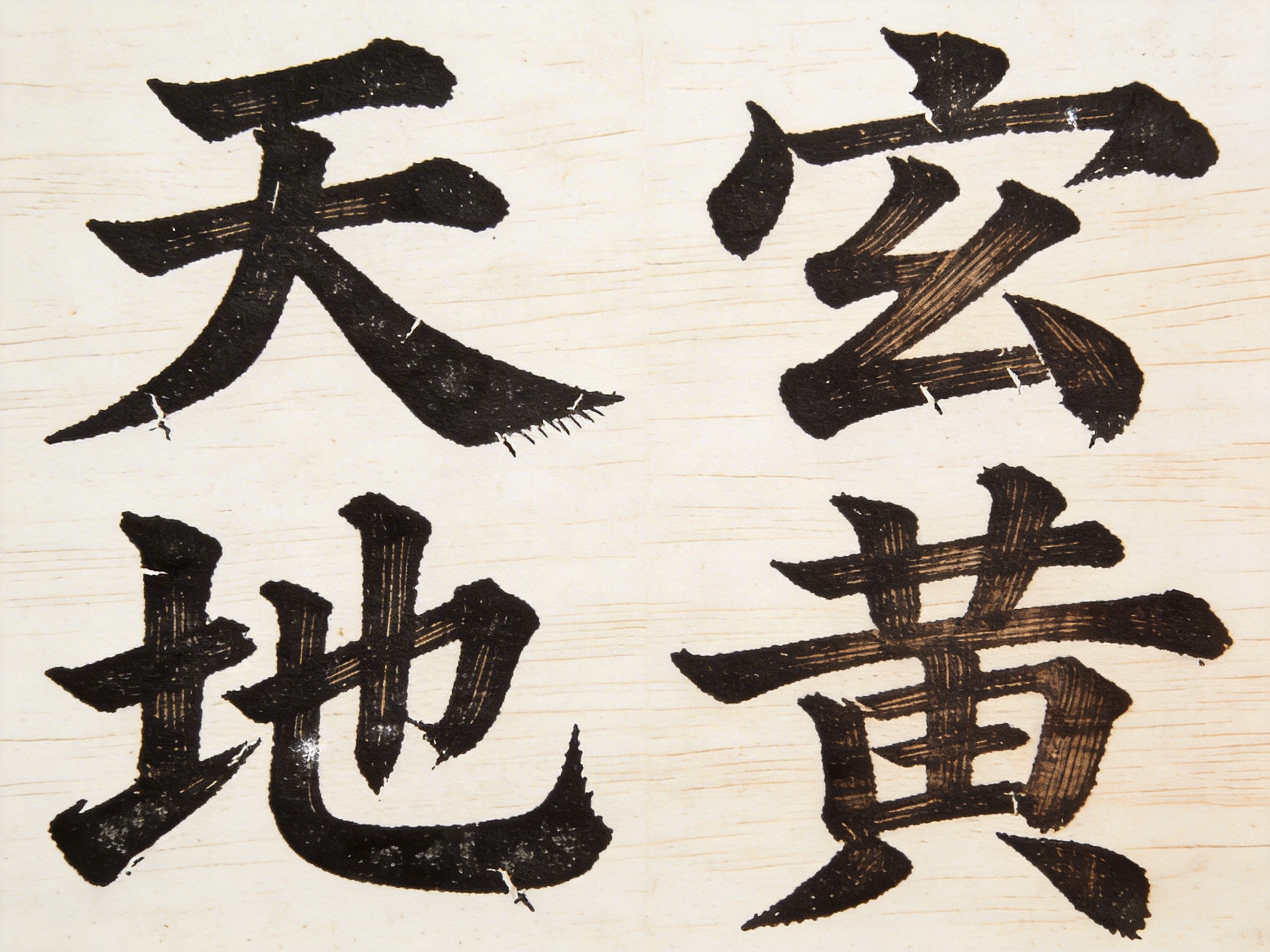 图中展示了一幅模拟中国书法风格的画面，背景是带有浅色木纹质感或粗糙纸张纹理的米白色底面。画面中心分布着四个黑色的毛笔书写汉字，排列方式为两行两列。这四个字本意应为《千字文》开篇的“天地玄黄”，但存在明显的 AI 生成缺陷：右上角的“玄”字结构扭曲，上半部分多出了不规则的笔画，显得支离破碎；左下角的“地”字左侧提土旁与右侧部分连接生硬，笔画末端出现了不自然的锯齿状毛刺；右下角的“黄”字中间部分结构混乱，横划与竖划交织成模糊的块状。整体笔触虽然模仿了水墨的枯笔和飞白效果，但笔画转折处缺乏真实的力度感，且字形结构不符合正规书法规范，文字边缘存在细微的像素化伪影。