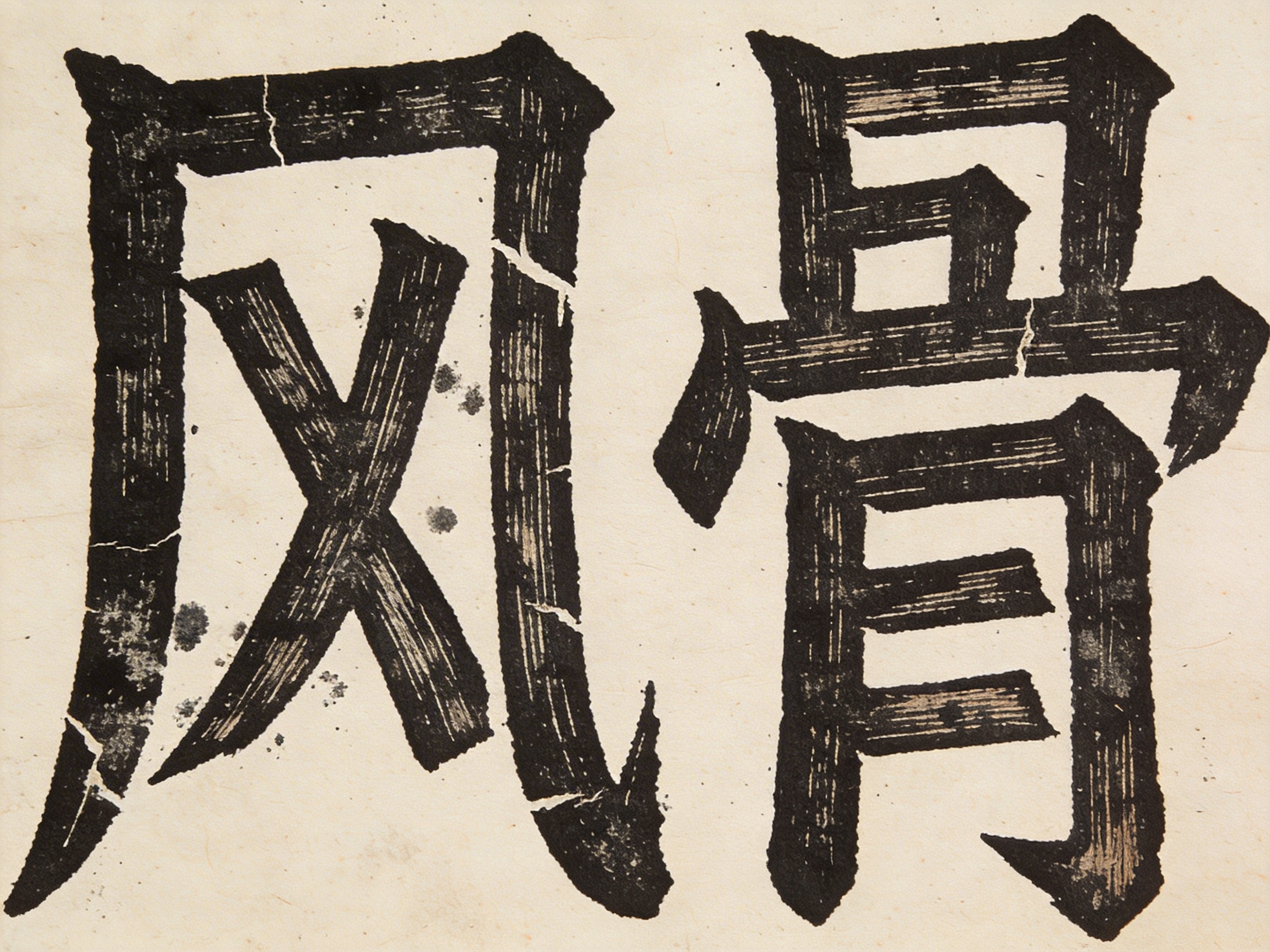 图中展示了两个巨大的黑色书法汉字，书写在带有米黄色调、质感粗糙的旧纸张背景上。左侧的字形似简体中文的“风”，右侧的字形似“骨”，整体呈现出一种苍劲有力的魏碑或隶书风格，笔画边缘带有明显的飞白效果和墨迹斑驳感，仿佛是拓片或饱经风霜的古籍残页。

然而，作为 AI 生成的图像，画面中存在明显的文字结构错误和逻辑缺陷。左侧的“风”字内部结构混乱，撇画与点画交织成一个不规则的“X”形，且笔画连接处出现了不自然的断裂和细碎的白色裂纹。右侧的“骨”字上半部分结构完全错误，原本的“冎”部被简化为类似“五”或扭曲的几何方块，下半部分的“月”字底端钩笔生硬，且整个字的笔画粗细过渡缺乏真实毛笔书写的逻辑。此外，背景纸张上的裂痕过于规律且生硬，未能自然地融入纸张纤维中，显示出明显的算法合成痕迹。