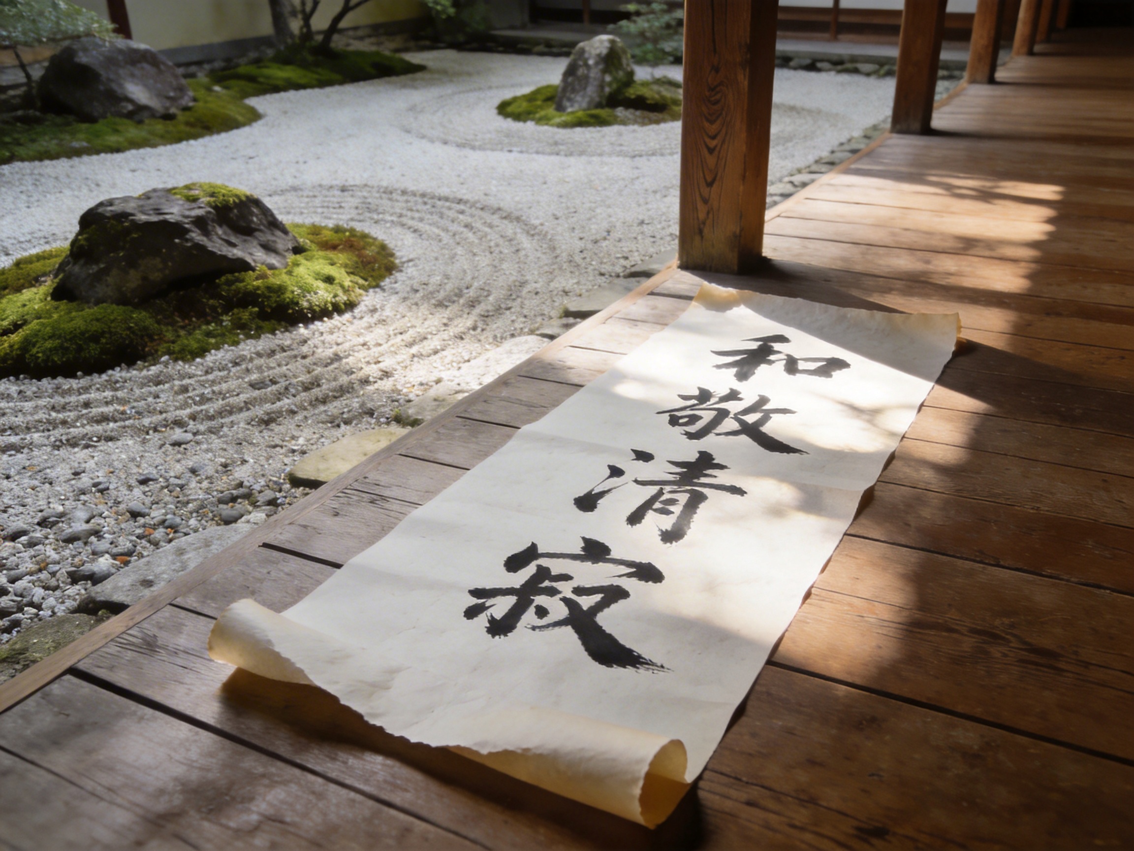 画面中呈现了一个宁静的日式枯山水庭院场景。近景是一条深褐色的木质走廊，阳光透过建筑构件投射下斑驳的阴影。走廊上平铺着一幅米白色的书法长卷，上面用黑色毛笔书写着“和敬清寂”四个大字，纸张边缘微微卷曲，质感古朴。背景是精心打理的禅意庭院，洁白的细砂被耙制成环绕着岩石的波纹状，几块点缀着绿色苔藓的大石头错落有致地分布其中。整体色调以木原色、白色和苔藓绿为主，营造出一种平和、深邃的氛围。

在 AI 生成的细节方面，存在一些明显的逻辑缺陷：首先，书法作品中的文字虽然字形接近，但笔画结构存在扭曲，尤其是最后一个“寂”字的下半部分显得杂乱且不符合常规书写逻辑。其次，木质走廊的纹理在阴影处显得有些模糊，且走廊边缘与庭院砂石的交界处透视关系略显生硬。此外，阳光投射的阴影形状与上方可见的木柱结构并不完全对应，显示出光影处理上的不自然。