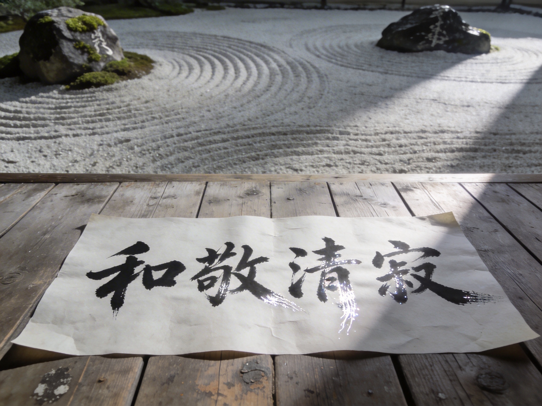 画面中呈现了一个宁静的日式枯山水庭院场景。前景是一段浅褐色的木质走廊，木板纹理清晰，阳光斜射在上面形成明亮的色块。走廊上铺着一张带有折痕的宣纸，上面用黑色毛笔书法写着四个大字。背景是铺满白色细砂的庭院，砂石被耙制成一圈圈整齐的涟漪状纹路，两块点缀着绿色苔藓的深色景观石静静伫立其中，整体色调清冷素雅，充满禅意。

在 AI 生成的细节方面，存在明显的文字与逻辑缺陷：宣纸上的书法文字虽然形似汉字，但最后一个字结构混乱，并非标准汉字，且笔画末梢出现了不自然的数码拉丝感。更明显的异常在于背景的景观石上，竟然也出现了类似白色的文字残影，这在现实景观中极不合理。此外，木地板的接缝处与宣纸边缘的阴影衔接略显生硬，透视关系在画面右侧边缘处稍有扭曲。