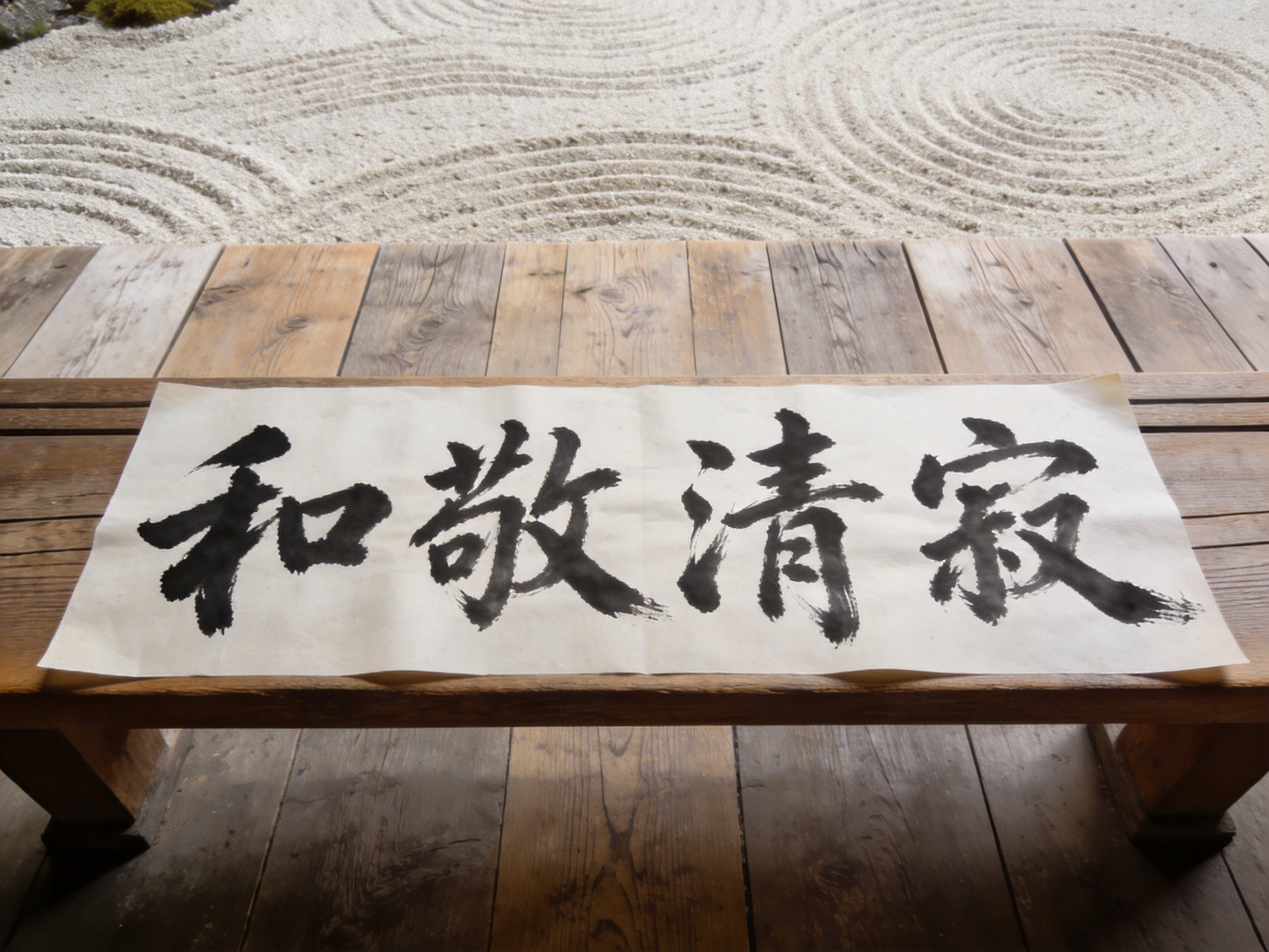 图中展示了一个宁静的日式禅意场景。画面前景是一张粗糙的木质长凳，上面平铺着一张米白色的长条宣纸，纸上用黑色毛笔书写着四个汉字。背景是典型的日式枯山水庭院，细密的白色沙砾被耙制成一圈圈整齐的波纹，营造出水面的意象。整体色调以原木色、白色和墨黑色为主，光线柔和，透出一种淡雅肃穆的氛围。

然而，画面中存在明显的 AI 生成缺陷。最显著的问题在于纸上的书法文字：虽然看起来像汉字，但实际上是错误的字形。前三个字试图模仿“和”、“敬”、“清”，但笔画结构扭曲且不规范，第四个字则是一个完全不存在的臆造字符，笔画杂乱。此外，长凳下方的阴影处理略显生硬，木板的纹理在衔接处也存在不自然的断层，反映了 AI 在处理复杂文字逻辑和精细物理透视时的局限性。