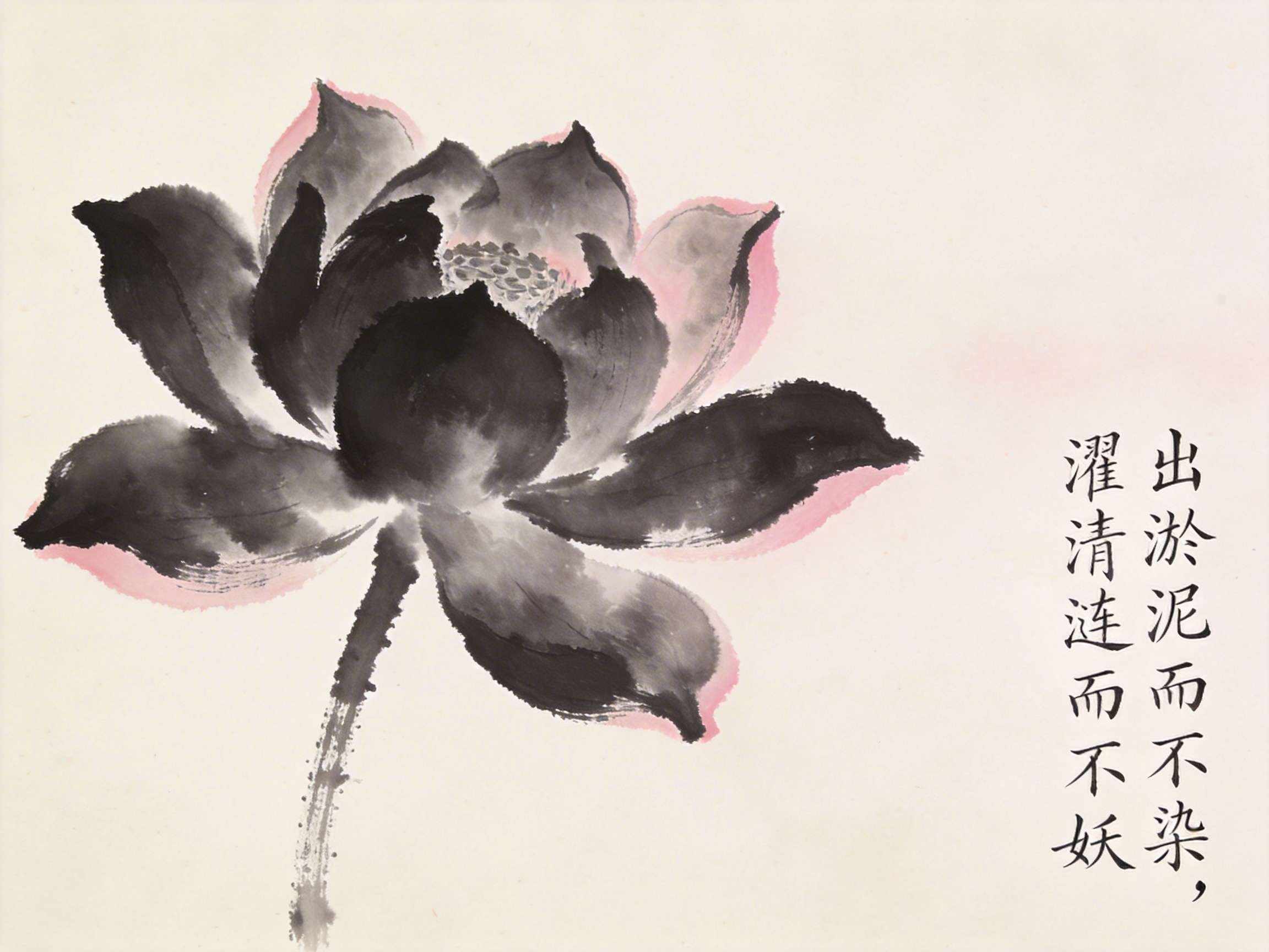 图中展现了一幅模仿中国传统水墨画风格的荷花图。画面中心是一朵硕大的荷花，主要以浓淡不一的黑色墨迹勾勒，花瓣边缘晕染着淡淡的粉红色，花心处隐约可见莲蓬的轮廓。荷花下方有一条粗糙的墨色花茎垂直向下延伸。背景为干净的米白色宣纸质感，右侧配有两列竖排的繁体中文书法，文字内容为“出淤泥而不染，濯清涟而不妖”。

在 AI 生成的细节方面，存在明显的逻辑缺陷：首先，书法文字出现了严重的笔画错误，如“濯”字左侧的偏旁部首扭曲变形，“妖”字的结构也显得生硬且不规范，整体字迹缺乏真实书法的运笔神韵。其次，荷花的结构不符合自然生长规律，花瓣的层叠关系混乱，部分粉色边缘与墨色的融合显得生硬且突兀。此外，花茎的笔触断断续续，缺乏传统水墨画中“一气呵成”的力度感。