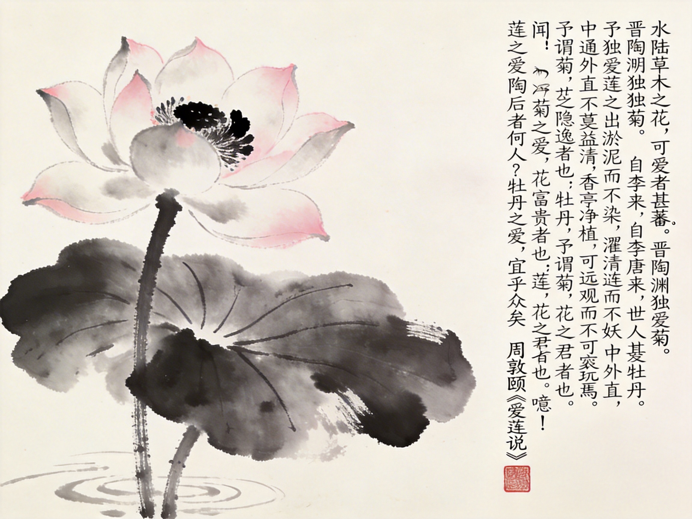画面中是一幅模仿中国传统水墨画风格的荷花图。左侧占据主体的是一朵盛开的荷花，花瓣边缘晕染着淡淡的粉红色，花心处用浓墨点缀出花蕊；下方是一片巨大的水墨荷叶，通过墨色的浓淡变化展现出质感，最下方有几圈简约的波纹线条。画面右侧配有竖排书写的文字，内容为周敦颐的《爱莲说》。整体构图疏密有致，色调清雅。

然而，画面中存在明显的 AI 生成缺陷：首先是文字部分，虽然大体轮廓像汉字，但仔细观察会发现多处字形扭曲、笔画断裂，甚至出现了无法辨认的臆造字符，且文字排列略显拥挤重叠；其次，荷花的茎部与花朵、叶片的连接处透视关系不够自然，茎秆的线条在水面处显得生硬；左下角的水波纹理过于机械重复，缺乏传统毛笔书画的灵动神韵。