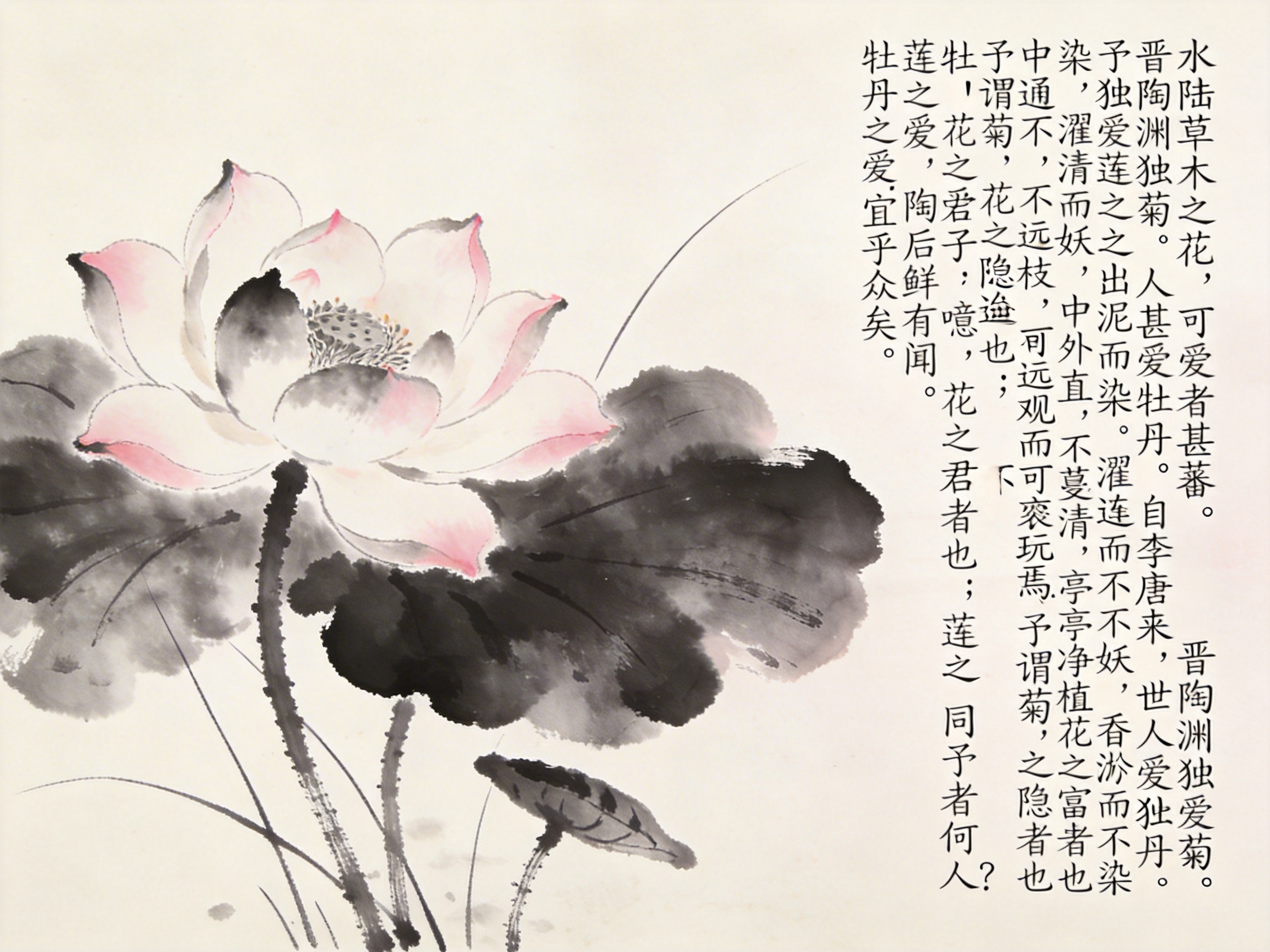 画面中是一幅模仿中国传统水墨画风格的荷花图。构图偏向左侧，主体是一朵盛开的白粉色荷花，花瓣边缘晕染着淡淡的玫红，花心处可见细密的莲蓬。荷花下方衬托着几片浓淡不一的水墨荷叶，笔触豪放，展现出墨色浓郁的质感。背景为素雅的米白色，右侧配有竖排书写的繁体中文书法，内容为周敦颐的《爱莲说》。

然而，作为 AI 生成的图像，画面存在明显的逻辑与细节缺陷：右侧的书法文字虽然字形工整，但排列混乱，存在大量重复的词句（如多次出现“晋陶渊独爱菊”），且部分断句和标点符号的使用不符合传统书法规范。在绘画细节上，荷花花瓣的层叠关系略显生硬，左下角的几根草叶线条杂乱，缺乏传统国画的力度与神韵，部分墨迹的边缘呈现出不自然的数字平滑感。