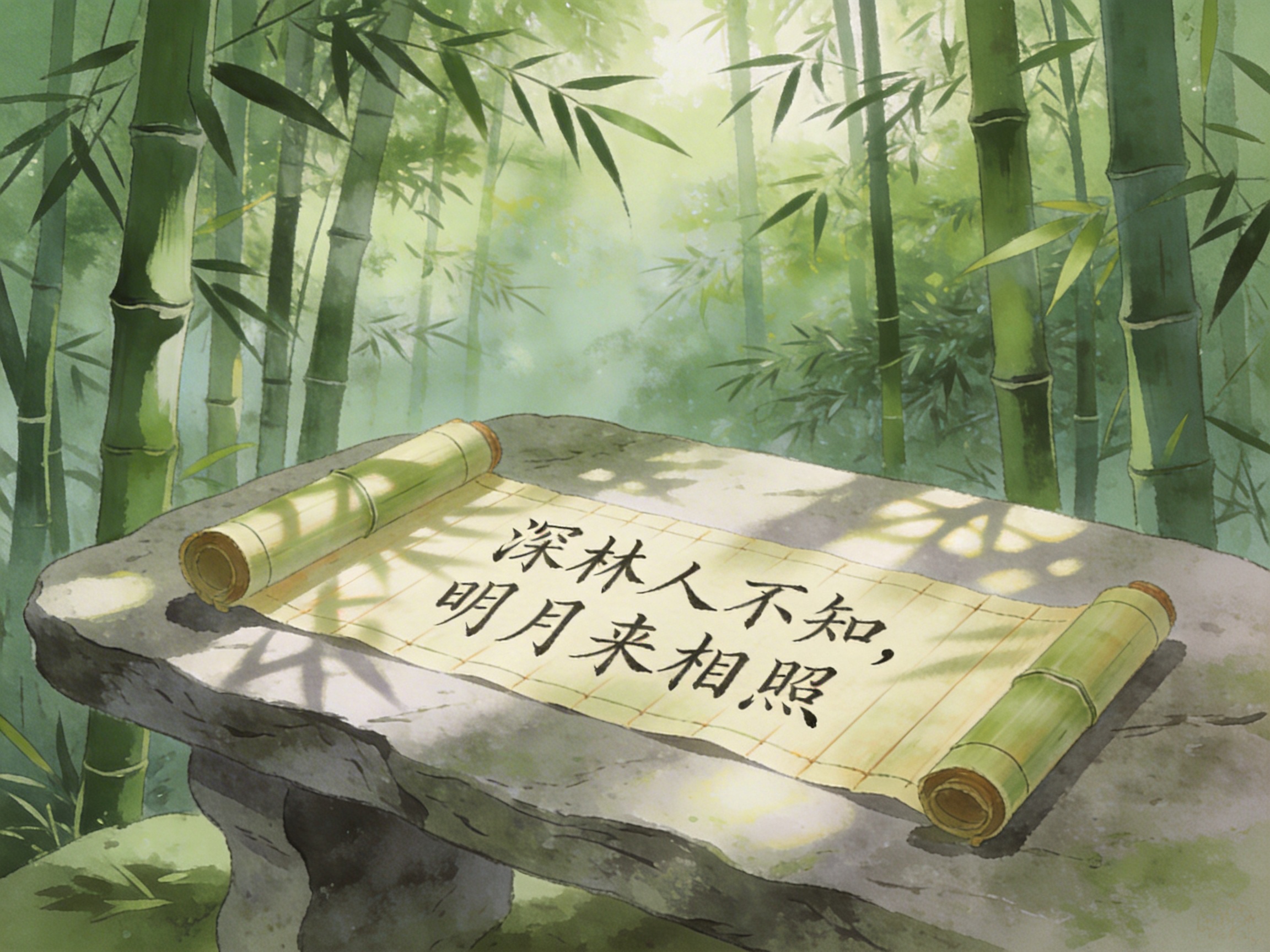 图中展现了一幅清新雅致的水彩画作，描绘了翠绿竹林中的静谧一隅。画面中心是一张粗粝的浅灰色石桌，桌上平铺着一幅淡黄色的竹简卷轴，卷轴上用黑色毛笔书法写着「深林人不知，明月来相照」两行诗句。背景是茂密的竹林，竹竿挺拔，叶片层叠，阳光透过竹叶缝隙洒下斑驳的光影，整体色调以嫩绿、翠绿和浅米色为主，营造出一种幽静、禅意的氛围。在 AI 生成的细节方面，存在一些明显的逻辑缺陷：竹简的构造显得有些违和，卷轴两端的圆柱体看起来更像是新鲜的绿竹筒，而非传统的木质轴心，且卷轴表面的横向纹理与竹简竖向编织的常识不符；此外，石桌左侧的支撑结构透视略显生硬，与地面的衔接不够自然。尽管如此，整幅画作依然传递出了一种诗情画意的宁静美感。