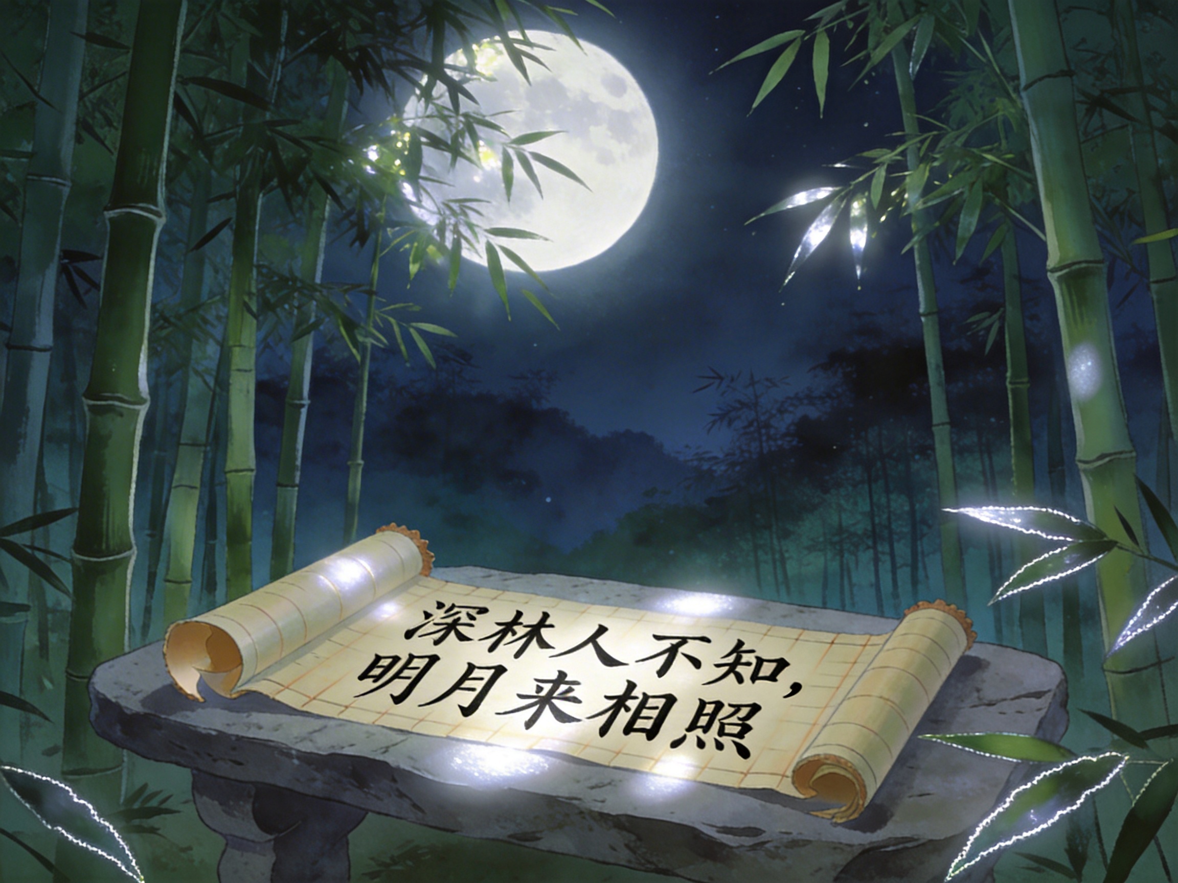 图中展示了一个宁静的夜晚竹林场景，整体色调以深蓝、翠绿和明亮的月白色为主。画面中央上方悬挂着一轮巨大的满月，月光穿透竹叶，洒下点点光斑。前景是一张粗糙的石桌，桌上铺展开一幅发光的黄色卷轴，上面用黑色书法字体写着王维的诗句：“深林人不知，明月来相照”。石桌两侧和背景中矗立着密集的翠竹，竹节清晰，竹叶在月光下呈现出半透明的质感。

在 AI 生成的细节方面，存在一些明显的逻辑缺陷：首先，卷轴上的光斑分布不自然，像是后期强行添加的白色亮块，且部分光斑悬浮在卷轴上方。其次，卷轴两端的卷起部分结构模糊，缺乏真实的厚度感。最明显的异常在于右侧的竹叶，部分叶片边缘出现了锯齿状的白色亮边，看起来像是抠图不净或渲染错误，与整体柔和的月光环境不符。此外，石桌的支撑结构在阴影中显得有些扭曲，缺乏明确的透视逻辑。
