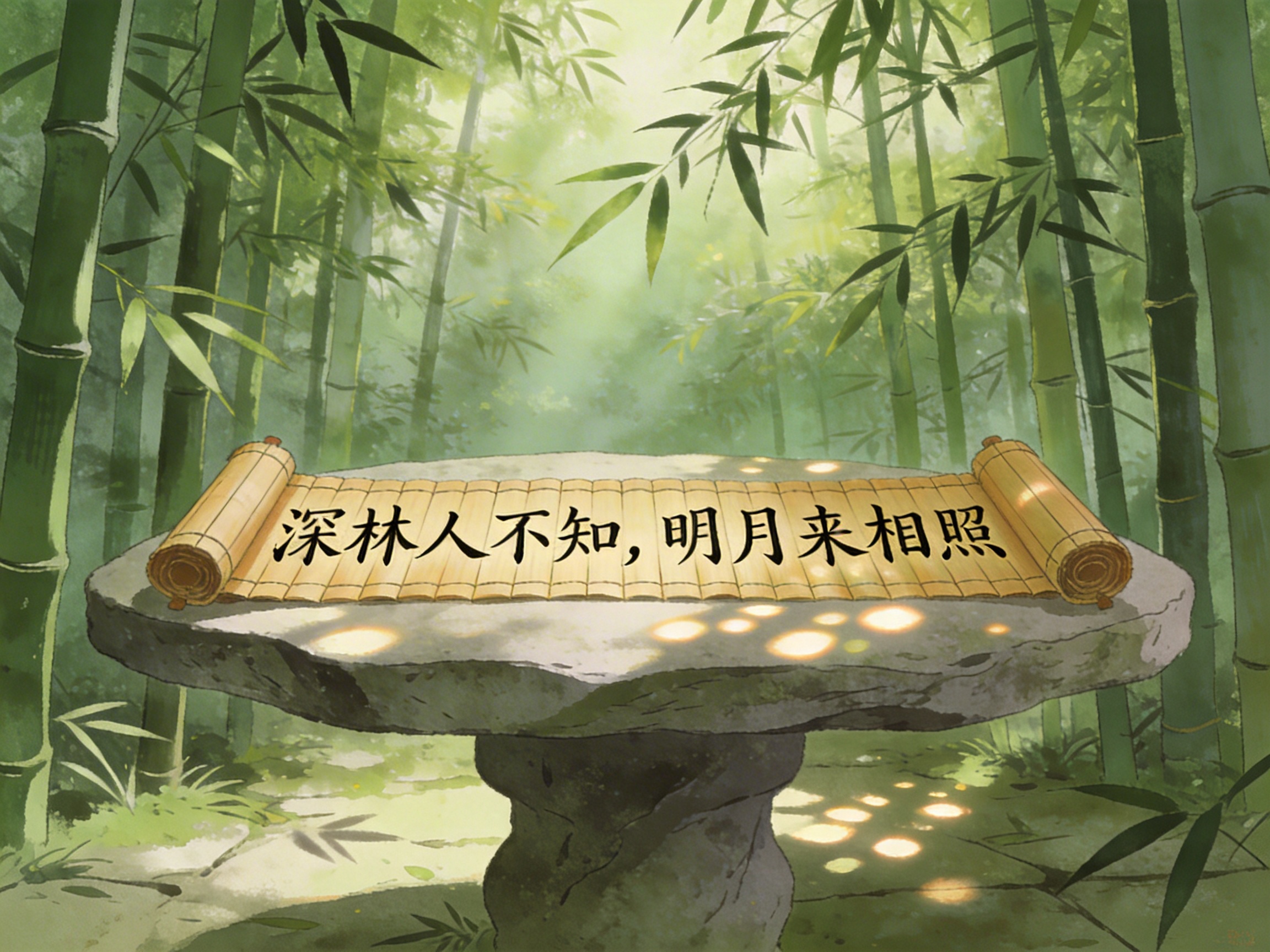 图中展现了一个充满禅意的翠绿竹林场景，画风呈现出柔和的二次元动漫感。画面中央是一张粗粝的浅灰色石桌，桌上平铺着一幅展开的黄色竹简，上面用黑色书法字体写着唐诗名句“深林人不知，明月来相照”。背景是密集的绿色竹林，阳光透过竹叶缝隙洒下，在石桌和地面上形成点点金色的光斑，营造出宁静幽远的氛围。在 AI 生成的细节方面，存在一些明显的逻辑缺陷：石桌左侧边缘的透视略显生硬，与支撑柱的衔接不够自然；竹简两端的卷轴部分纹理模糊，且竹简上的文字像是悬浮在表面，而非刻印或书写在竹片上；此外，背景中的部分竹节线条出现了断裂或不合理的重叠，光影分布虽然美观，但与竹叶的实际遮挡关系并不完全吻合。