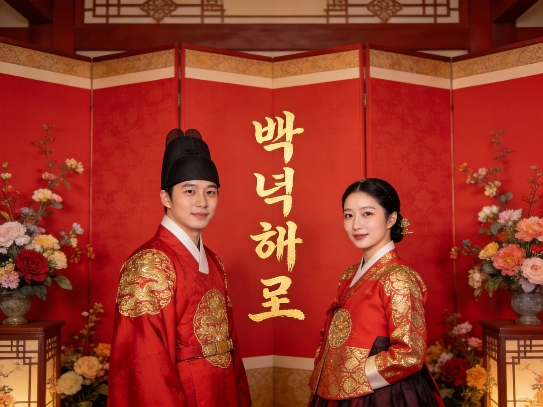 图中展示了一对穿着红色韩服（Hanbok）的年轻男女，背景是极具喜庆氛围的红色屏风。男子位于左侧，头戴黑色纱帽，身穿绣有金色龙纹的红色官服；女子位于右侧，梳着整齐的盘发，身穿红色与深色相间的韩服，双肩和胸前同样有精美的金色刺绣。两人面带微笑，身体微微侧向对方，中间悬浮着四个金色的韩文字符。画面两侧摆放着盛开的盆花和古典风格的灯座，整体色彩以红、金、黑为主，构图对称，呈现出传统婚礼或节日的庄重感。

在 AI 生成的细节方面，存在明显的逻辑缺陷：画面中央的韩文字符书写不规范，且悬浮在空中缺乏物理支撑。男子左肩上的龙纹刺绣边缘模糊，与衣袖的褶皱衔接不自然。最明显的缺陷在于背景屏风，屏风的折痕处与上方的横梁连接逻辑混乱，且左右两侧的花卉光影方向不一致，显得有些生硬。此外，女子的发饰细节略显模糊，缺乏真实的金属质感。