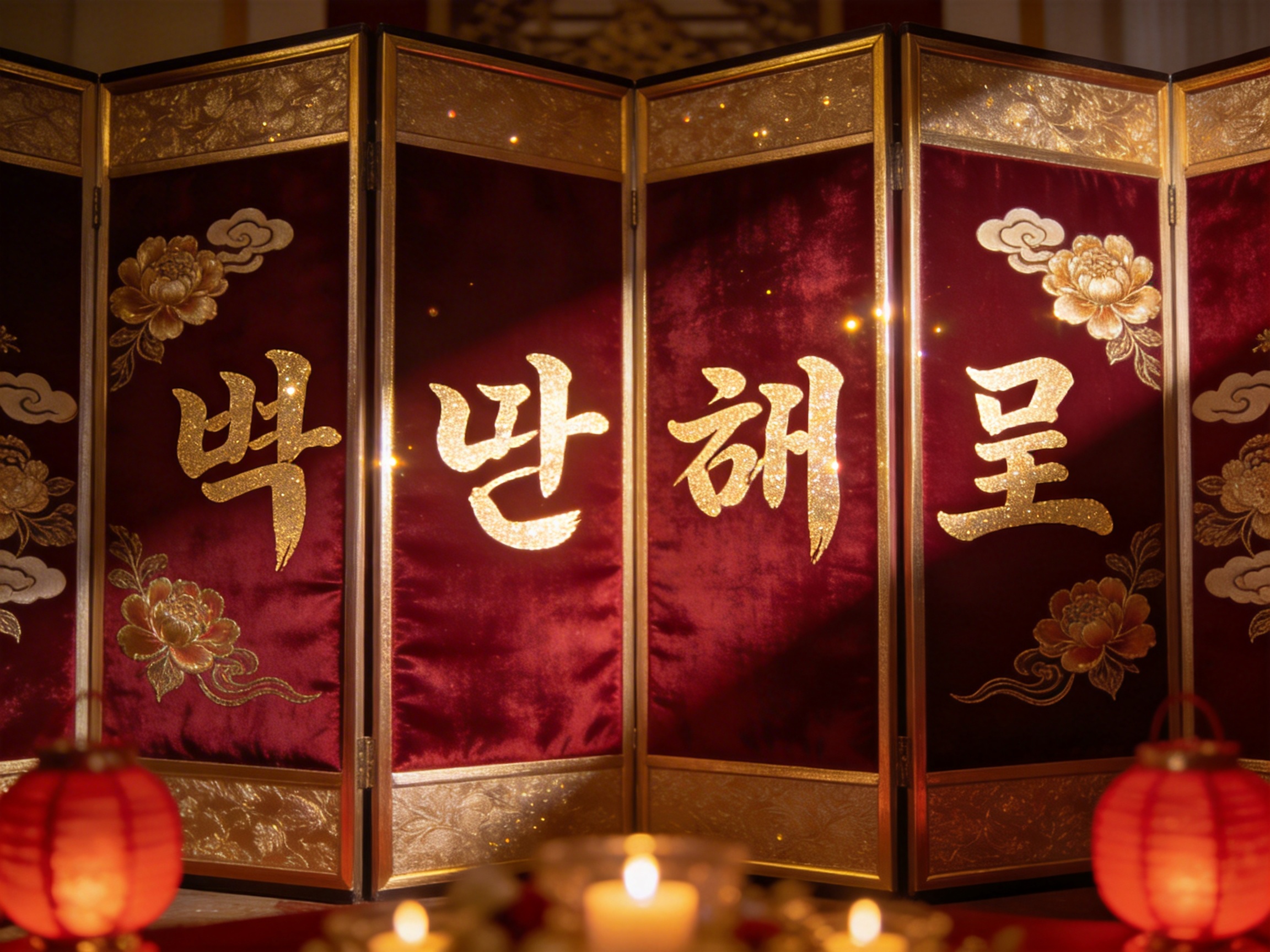 图中展示了一扇具有东方传统韵味的四扇折叠屏风，整体色调以深红与金黄色为主，营造出一种庄重且华丽的氛围。屏风表面覆盖着红色的丝绒材质，每一扇屏风上都绣有巨大的金色韩文文字，文字表面带有细密的闪粉质感，在光线下熠熠生辉。屏风的边缘由金色边框包裹，角落处点缀着精美的金色牡丹花和祥云刺绣。画面前景摆放着几盏点燃的蜡烛和红灯笼，暖黄色的烛光为场景增添了柔和的光影效果。

然而，作为一张 AI 生成的图片，画面中存在明显的逻辑缺陷：首先，屏风上的韩文字符并非真实的词汇，而是由笔画随机组合而成的虚假文字，缺乏实际意义；其次，屏风的透视关系略显生硬，中间两扇的衔接处光影过渡不够自然；此外，前景中的红灯笼纹理过于模糊，且部分金色刺绣的线条在放大后显得杂乱、不连贯，缺乏手工刺绣的细腻结构。